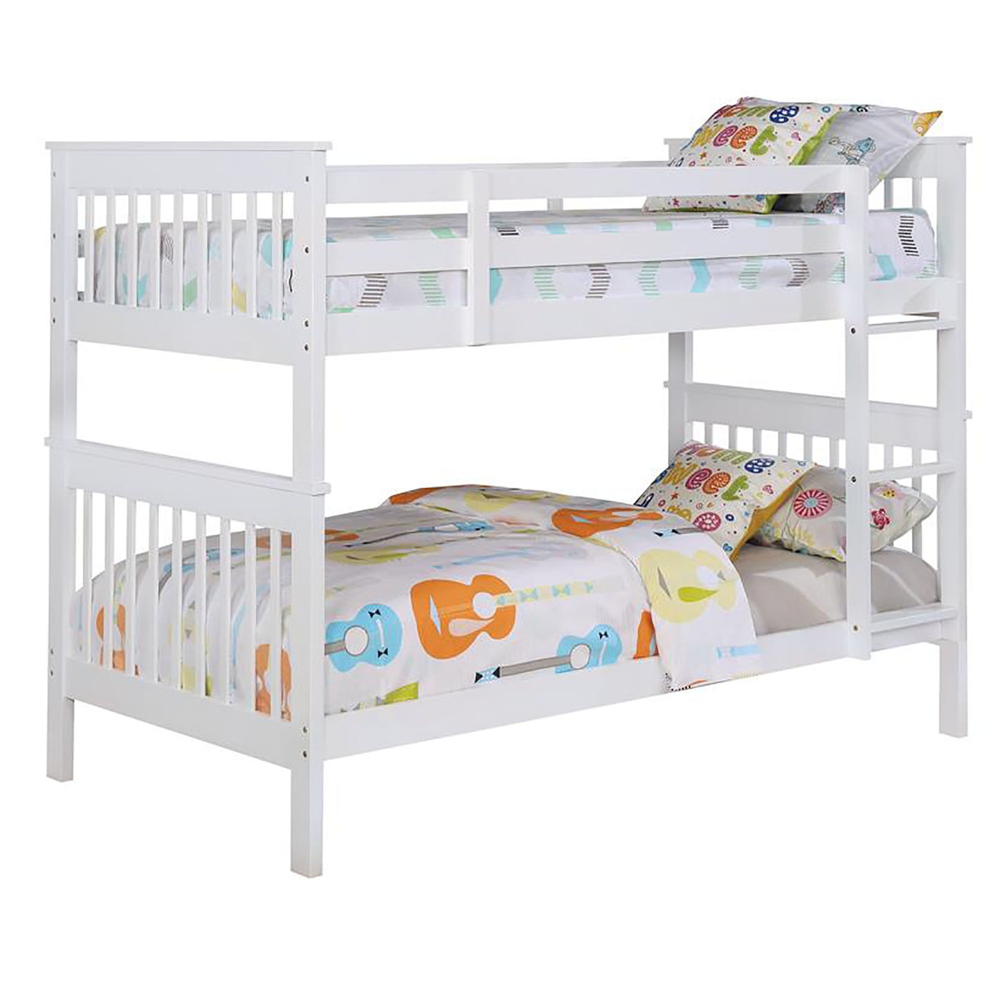 White wooden bunk bed with colorful guitarthemed bedding for kids