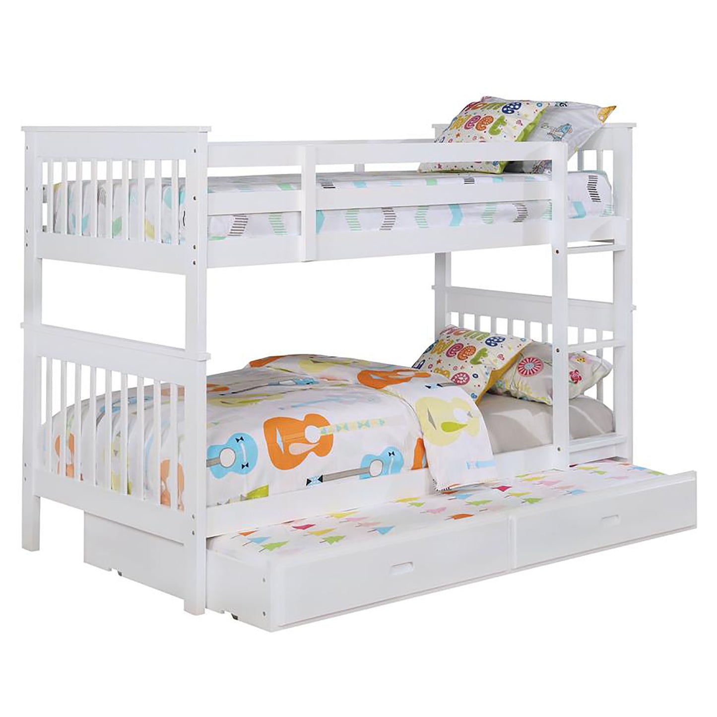 White wooden twin over twin bunk bed with trundle and guitarthemed bedding
