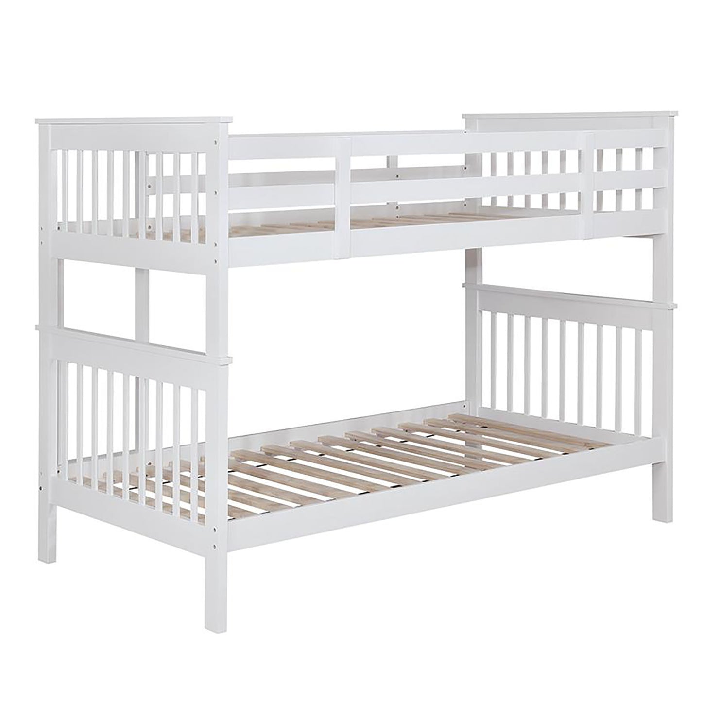 White wooden bunk bed with slatted frames ideal for kids rooms