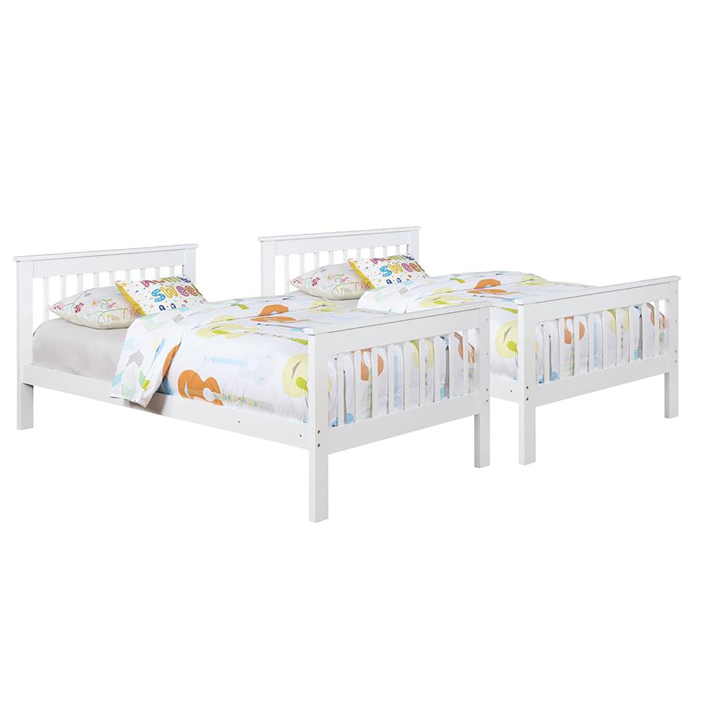 White wooden twin bed with playful animal bedding and a Sweet pillow