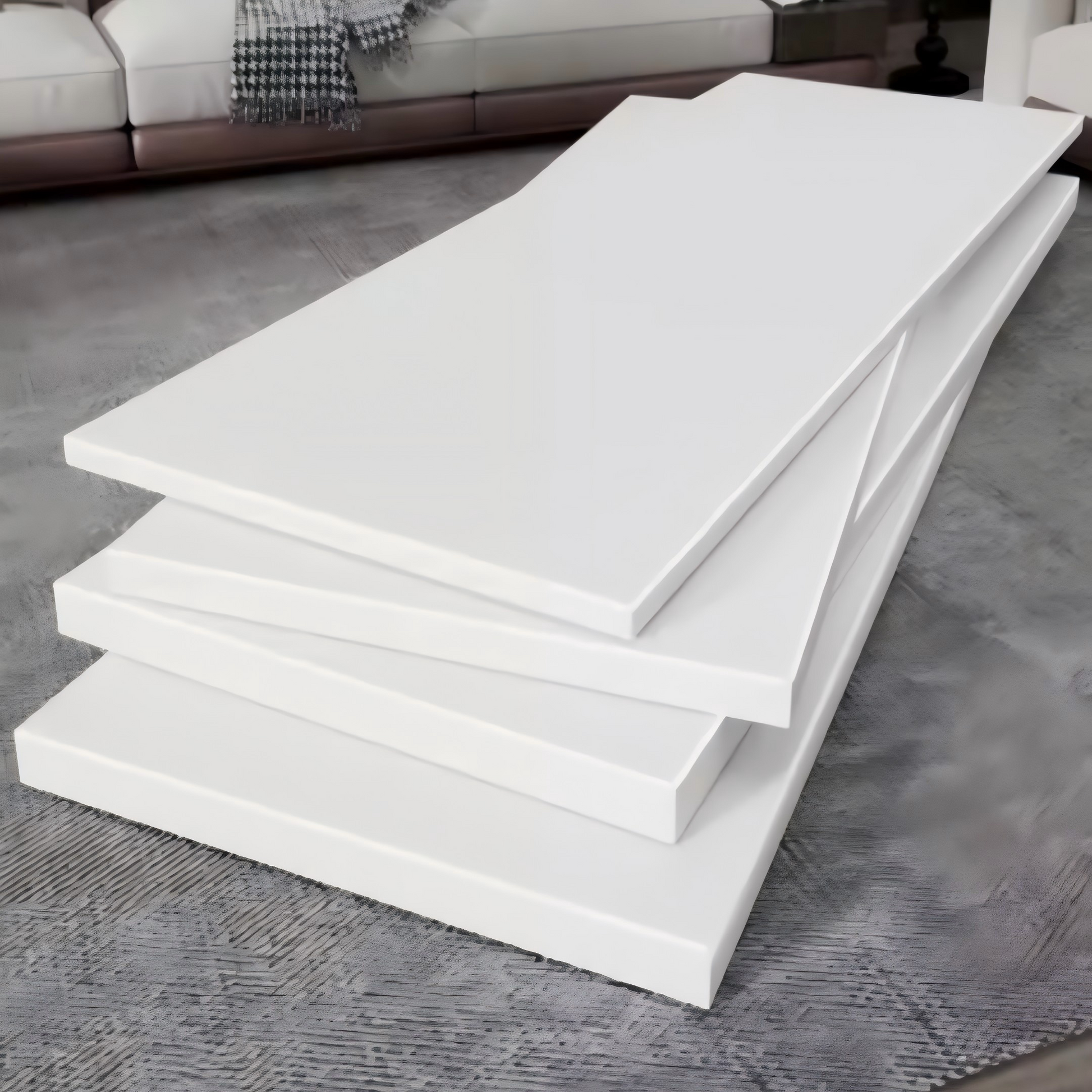 Stacked white lacquered wood shelving pieces for modern interior design