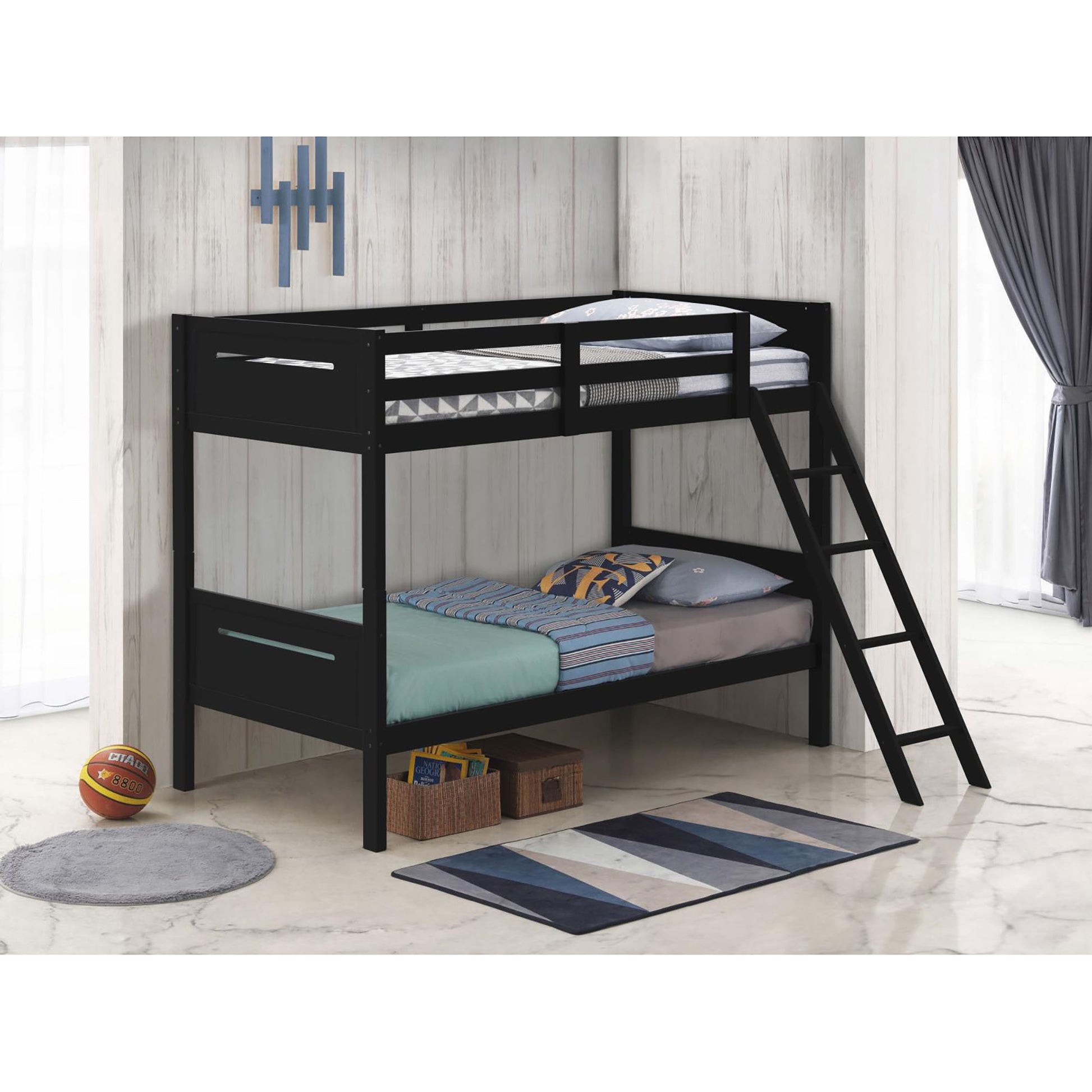 Black wooden bunk bed with ladder and blue striped bedding