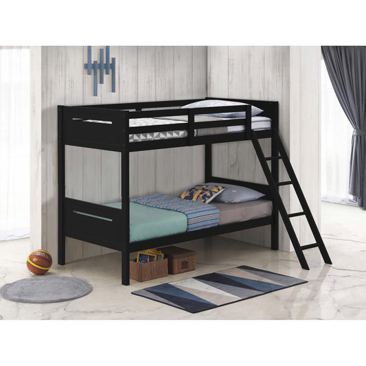 Black wooden bunk bed with ladder and blue striped bedding