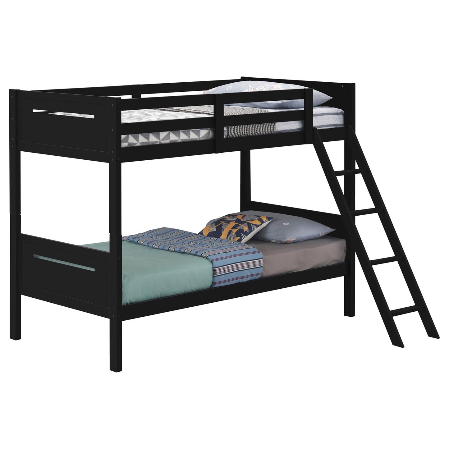 Black wooden twin bunk bed with ladder and bedding