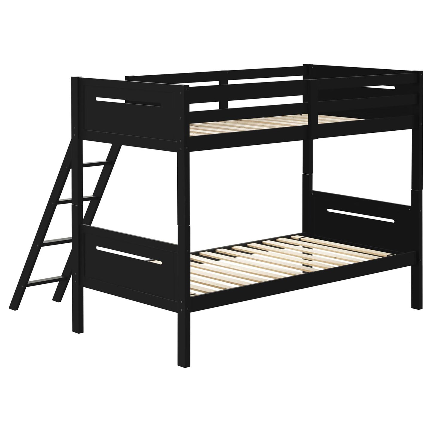 Modern black twin over twin bunk bed with slatted wooden mattress foundations and a ladder for spacesaving sleep