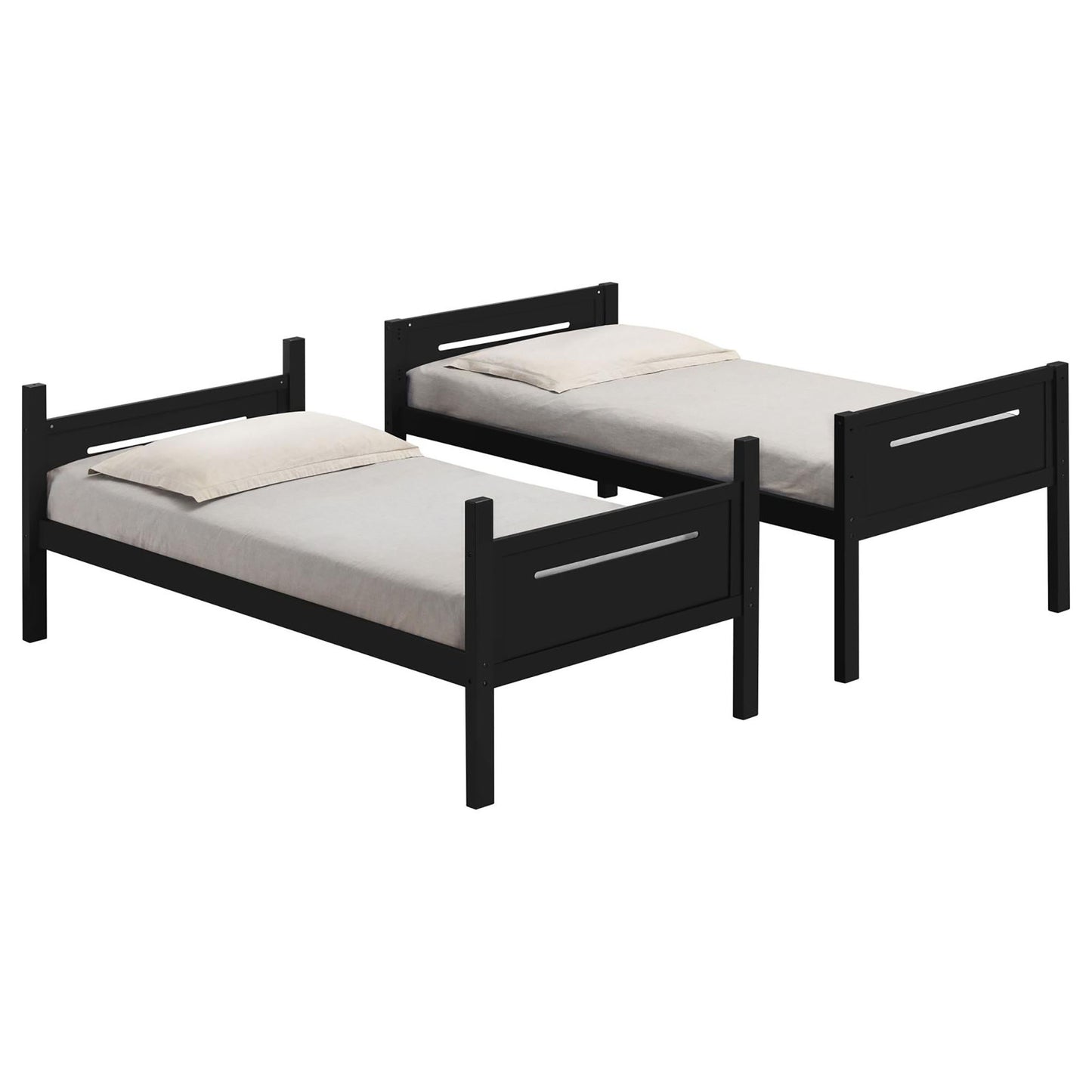 Two black wooden twin beds with light beige bedding side by side