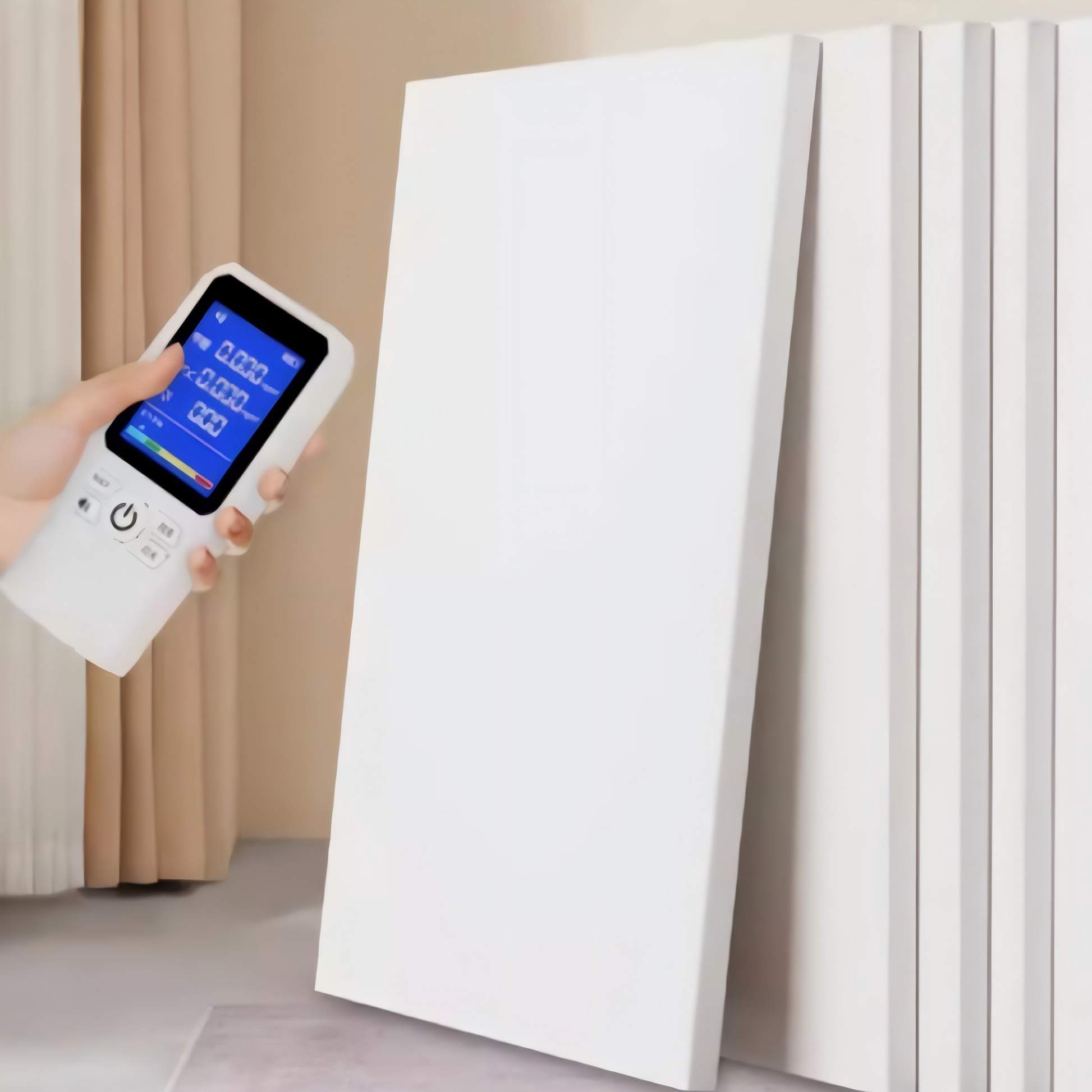 White panel heater with remote control showing temperature settings