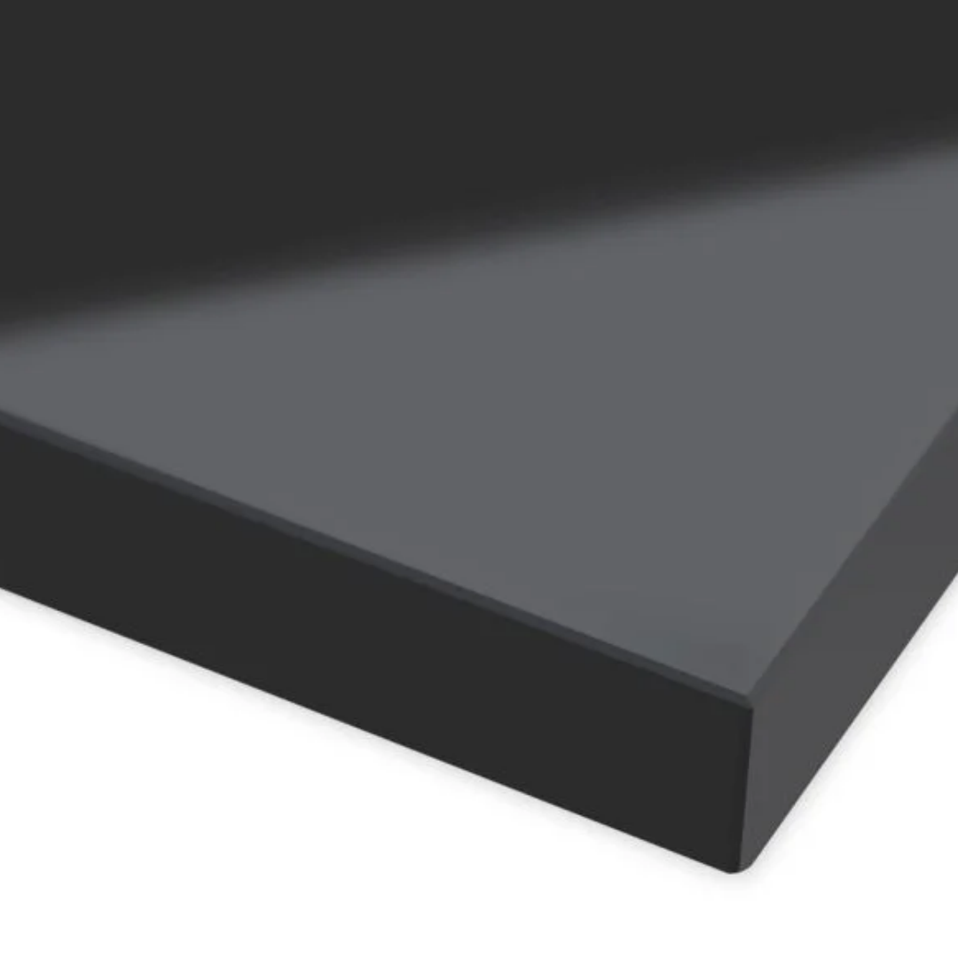 Dark grey polished laminate countertop sample with clean edges