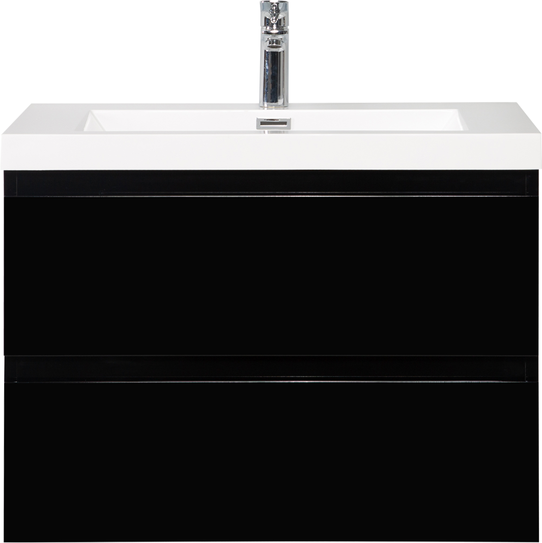 Black floating bathroom vanity with white integrated sink and chrome faucet