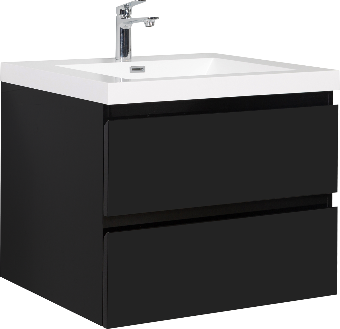 Modern black wallmounted vanity with integrated white sink and chrome faucet