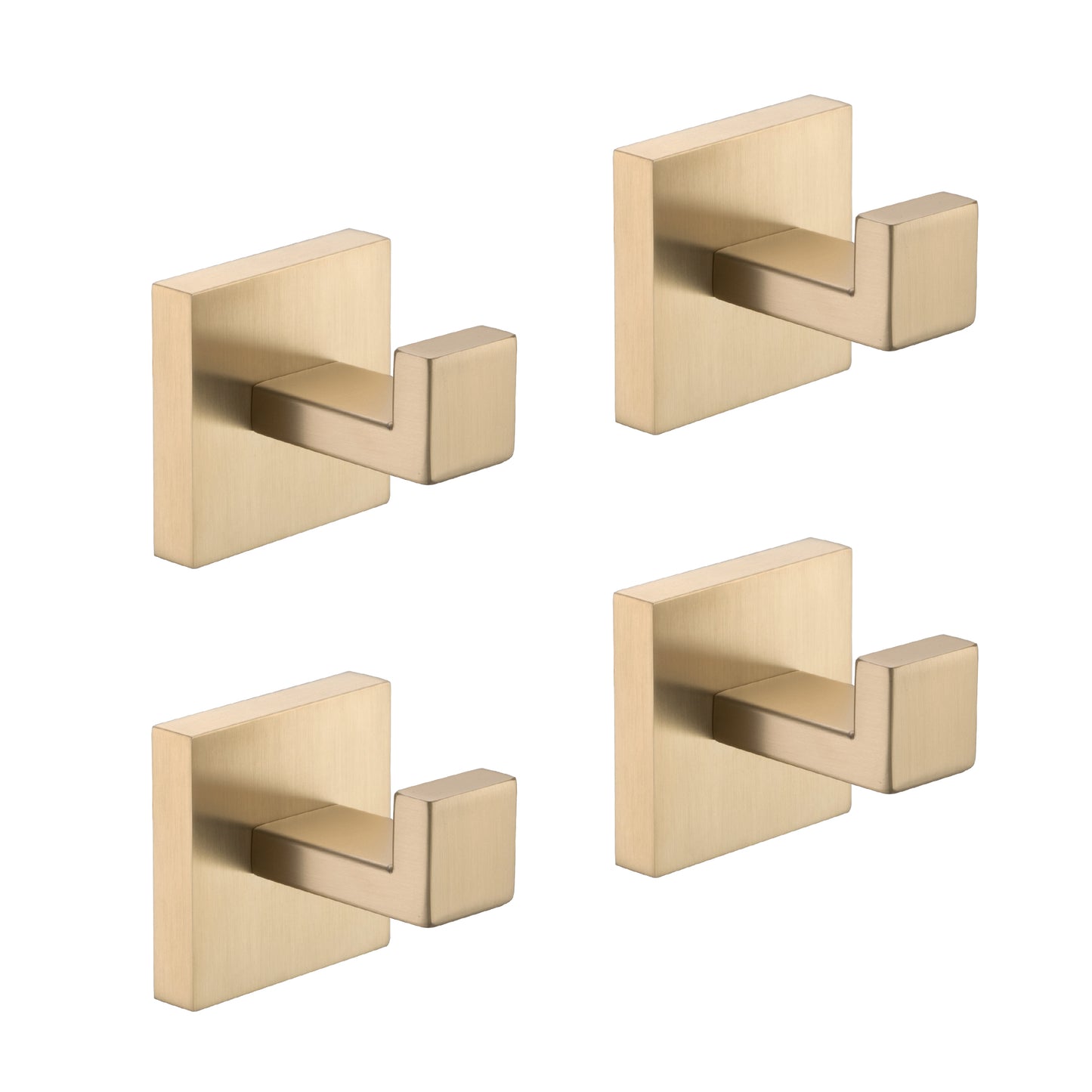 Four brushed brass modern square wall hooks for bathroom