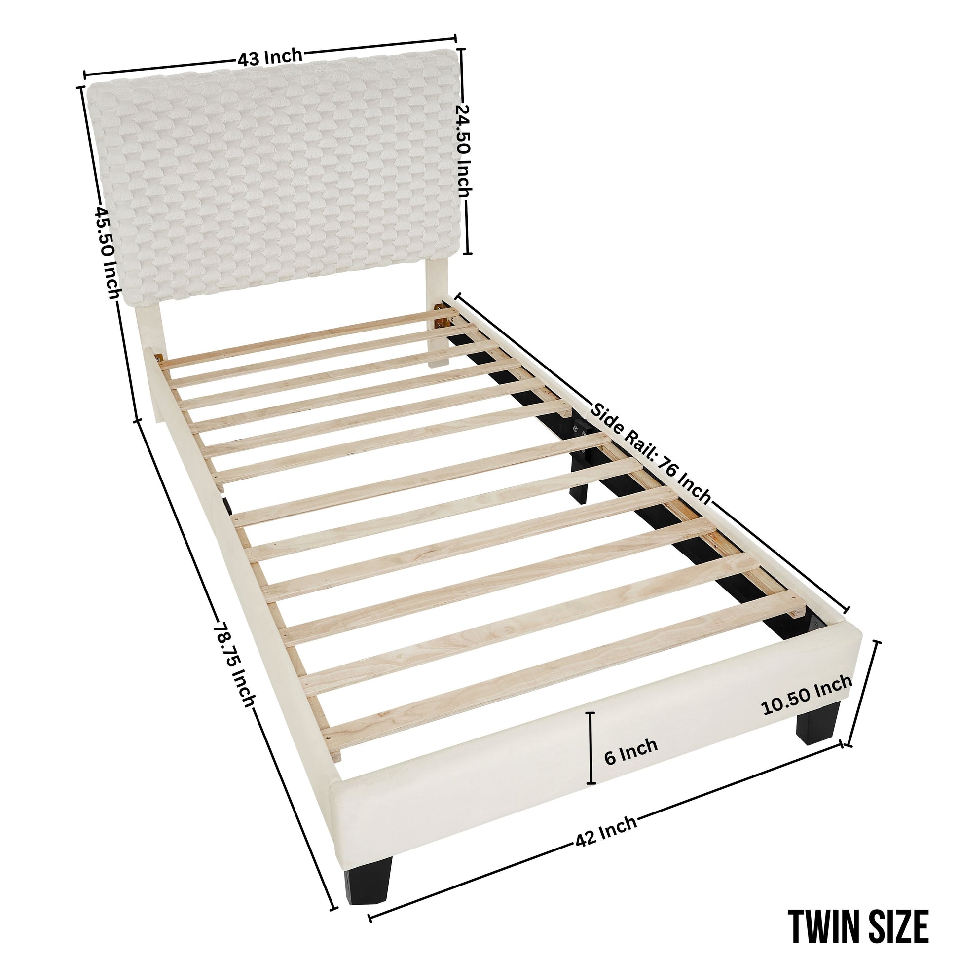 Cream textured twin bed frame with wooden slats and black legs