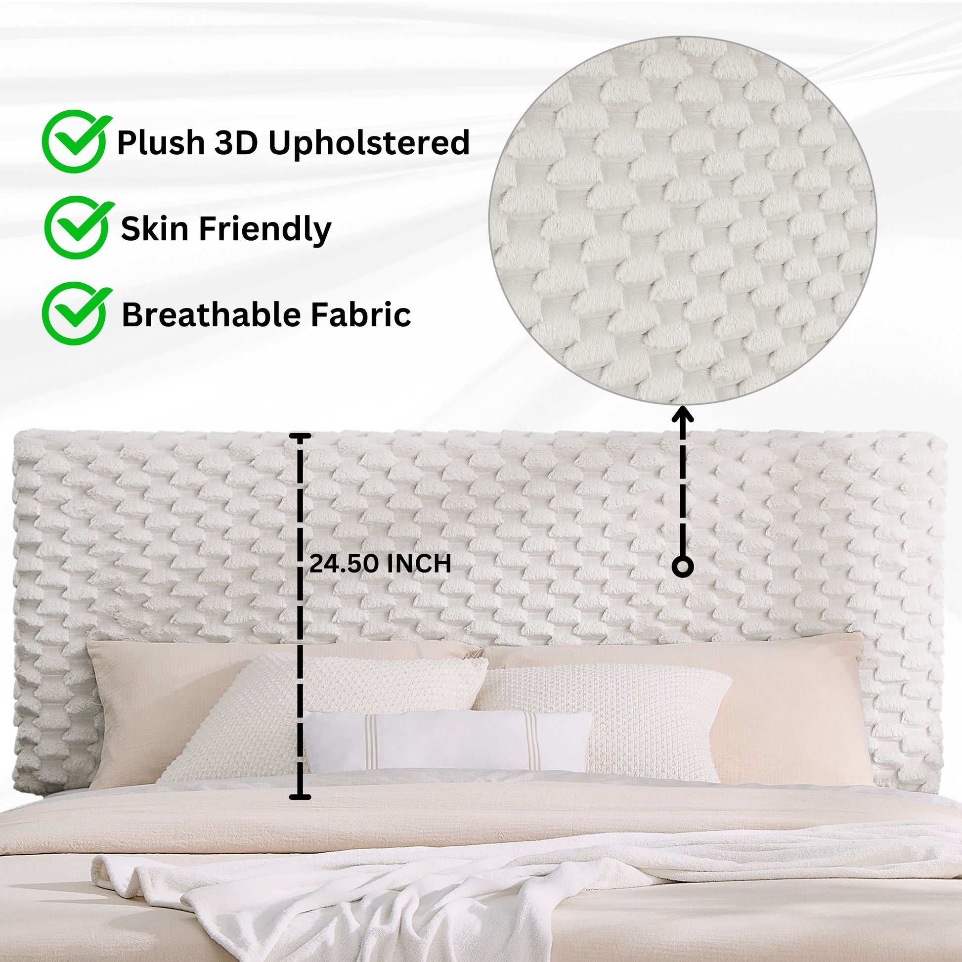Plush ivory upholstered headboard with diamond pattern detail