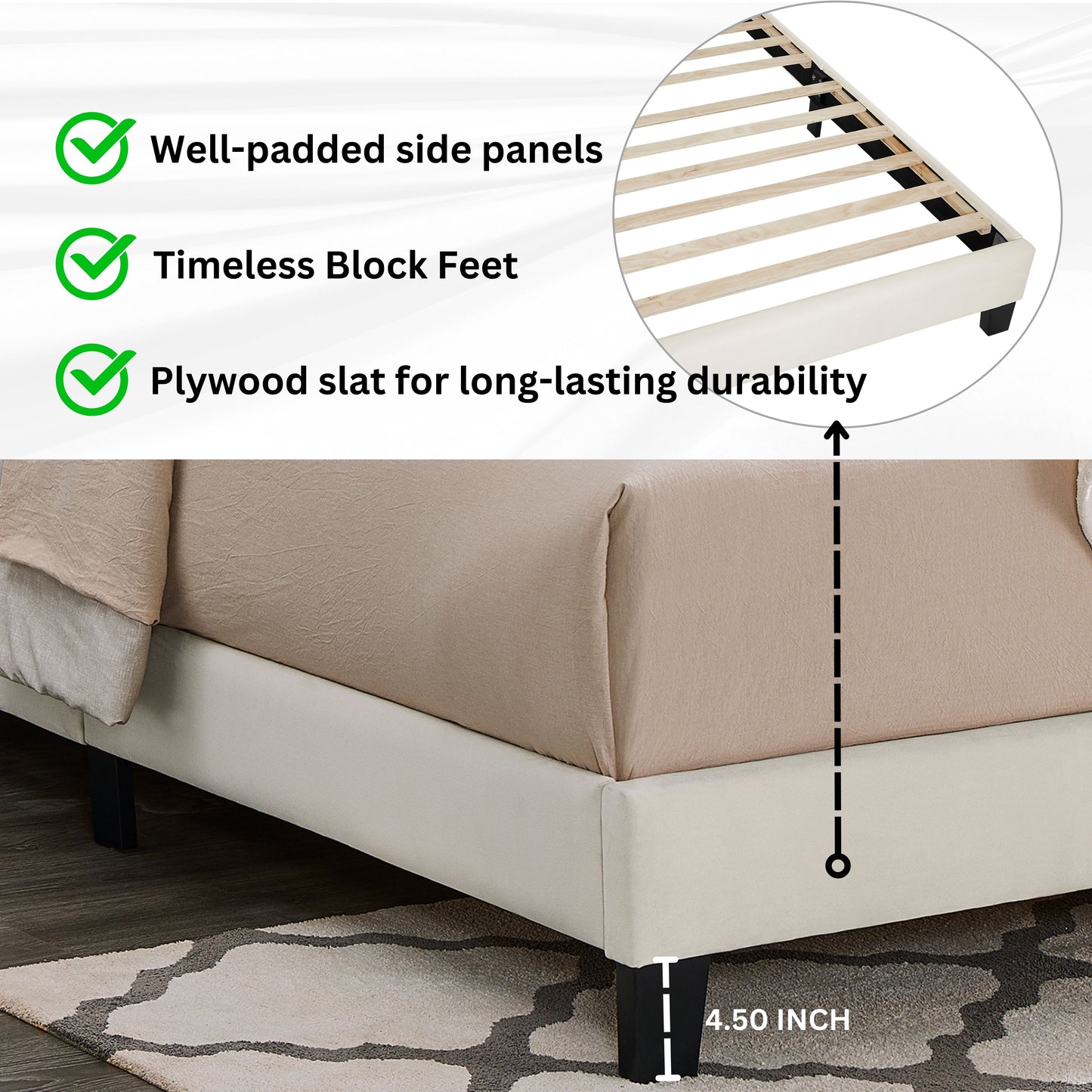 Cream upholstered bed frame with sturdy plywood slats