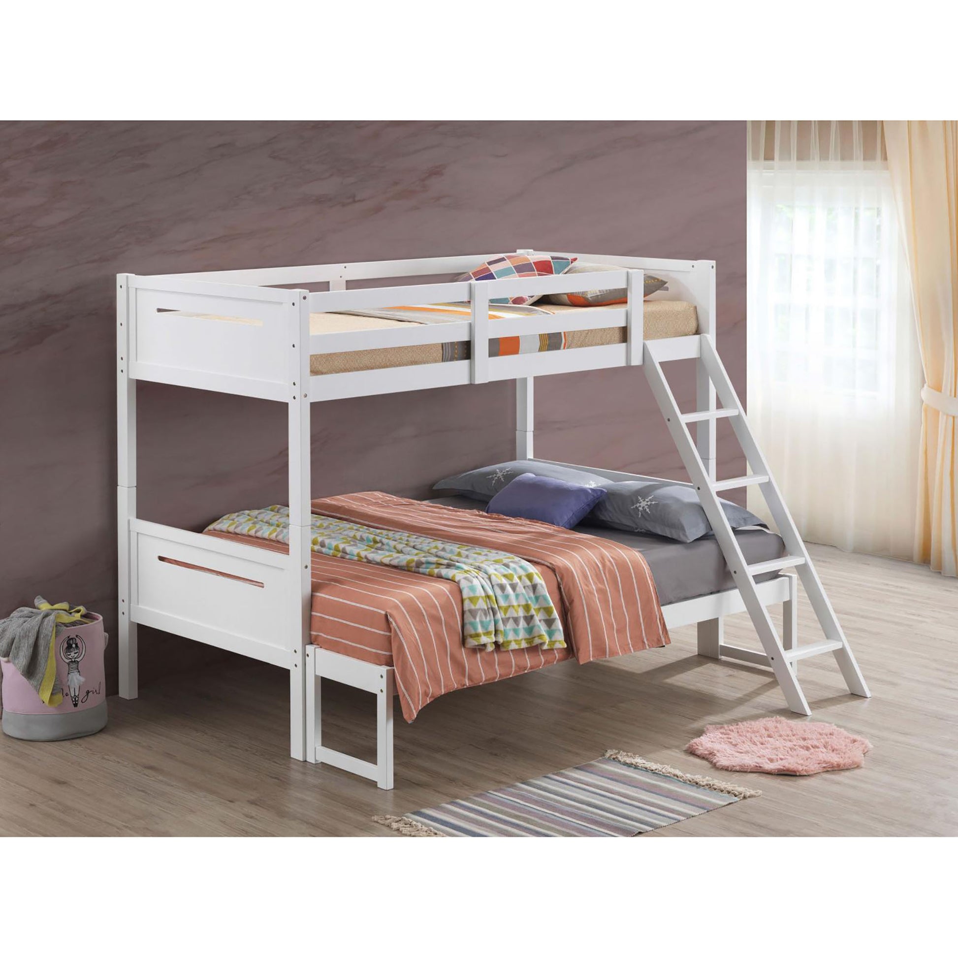 White solid wood twin over twin bunk bed with ladder perfect for kids rooms