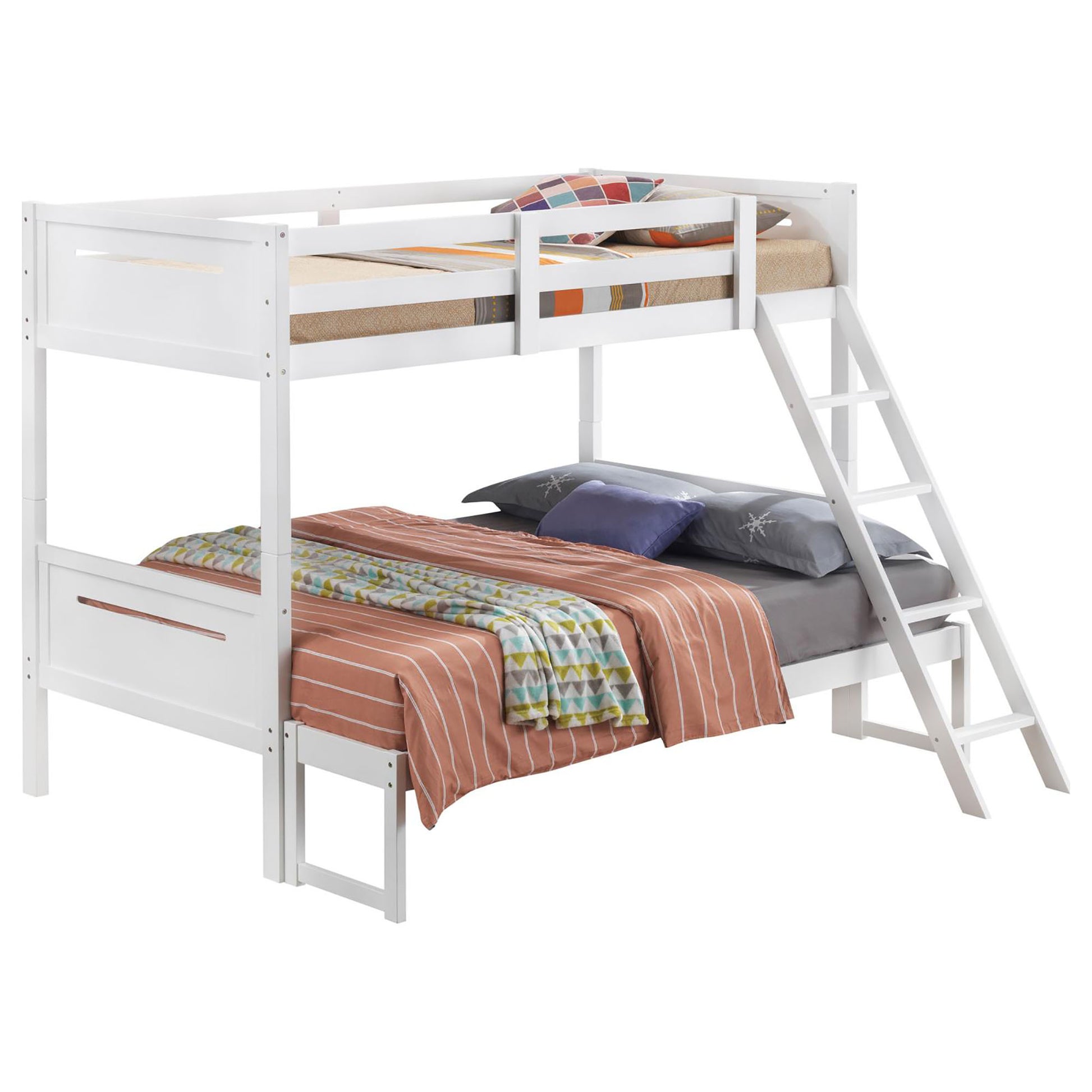White wooden twin over twin bunk bed with ladder perfect for kids rooms