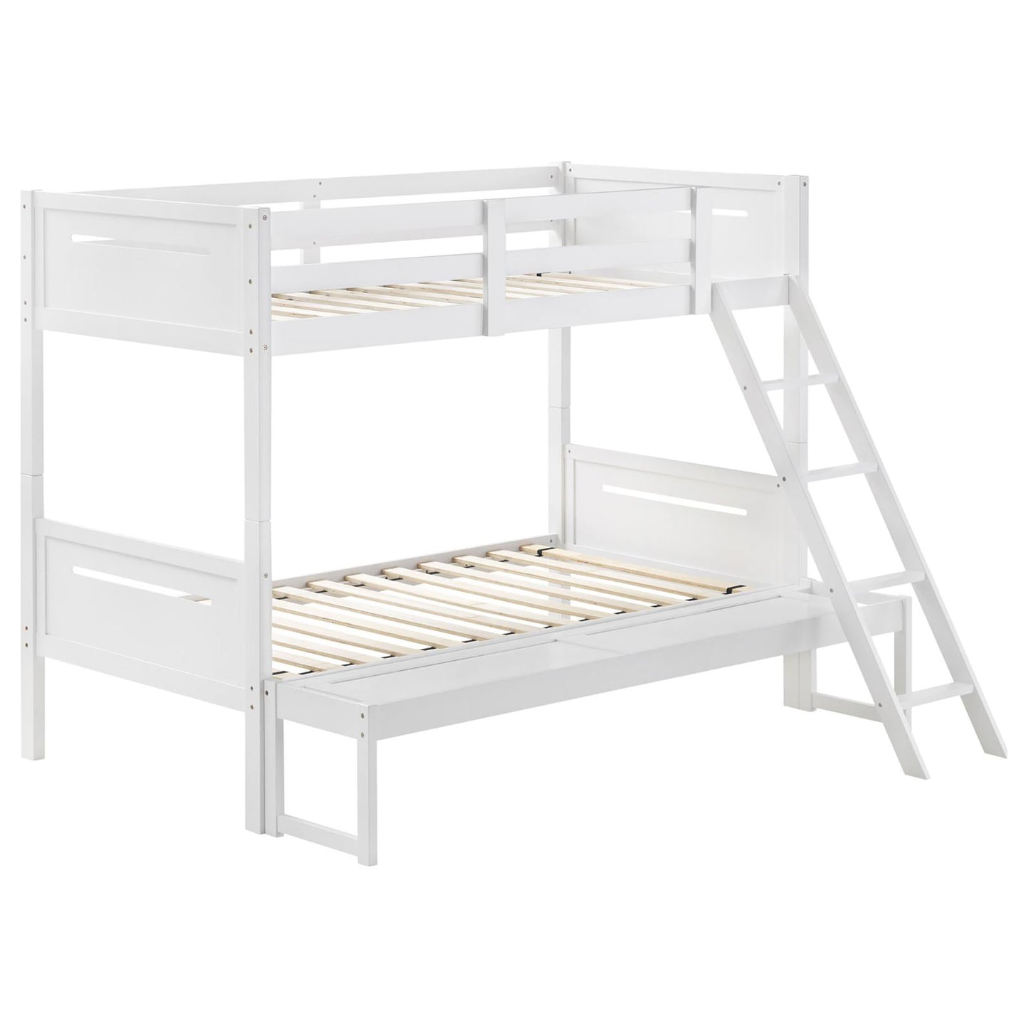 Modern white wooden bunk bed with ladder ideal for spacesaving childrens bedrooms