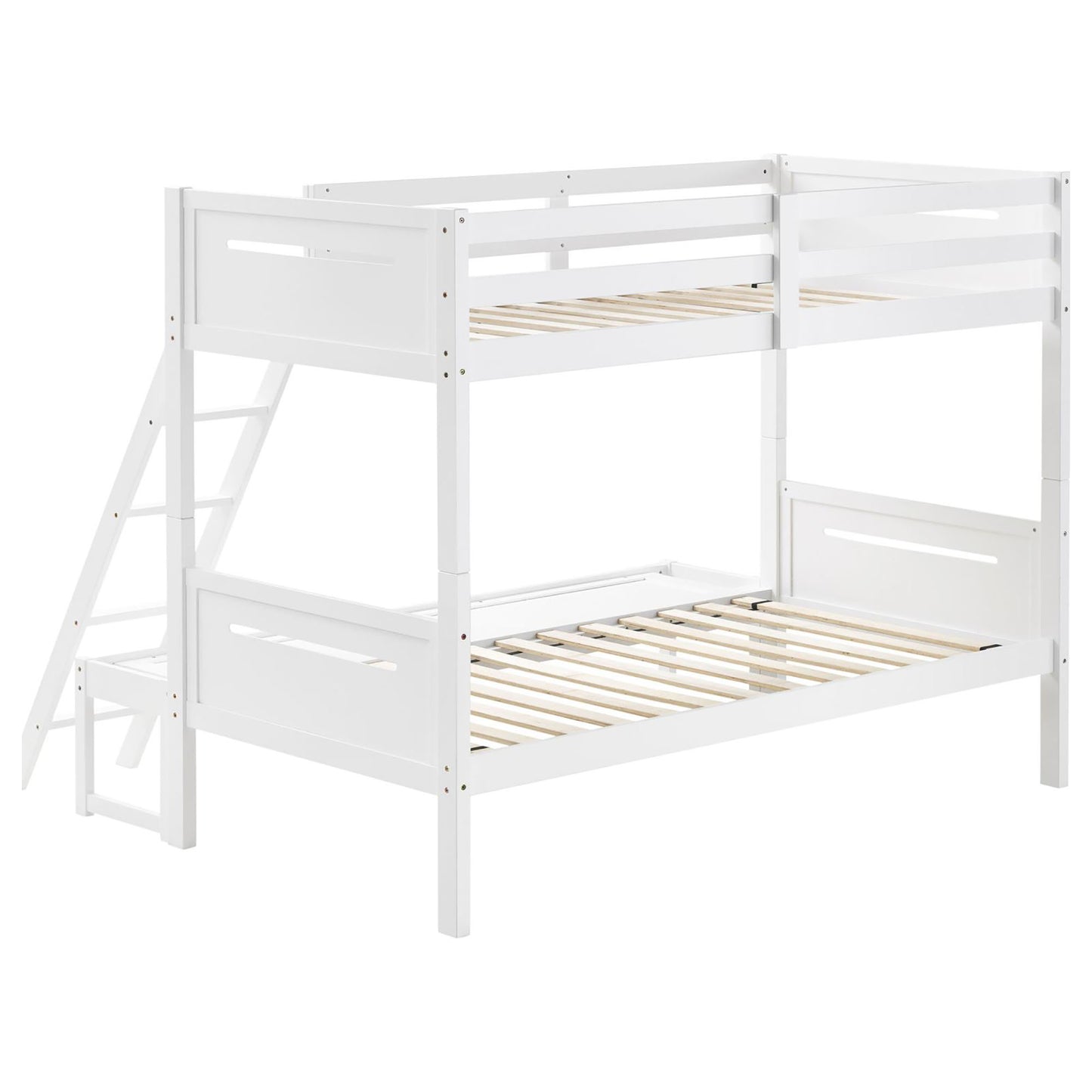 White wooden bunk bed with integrated ladder and safety rails for children