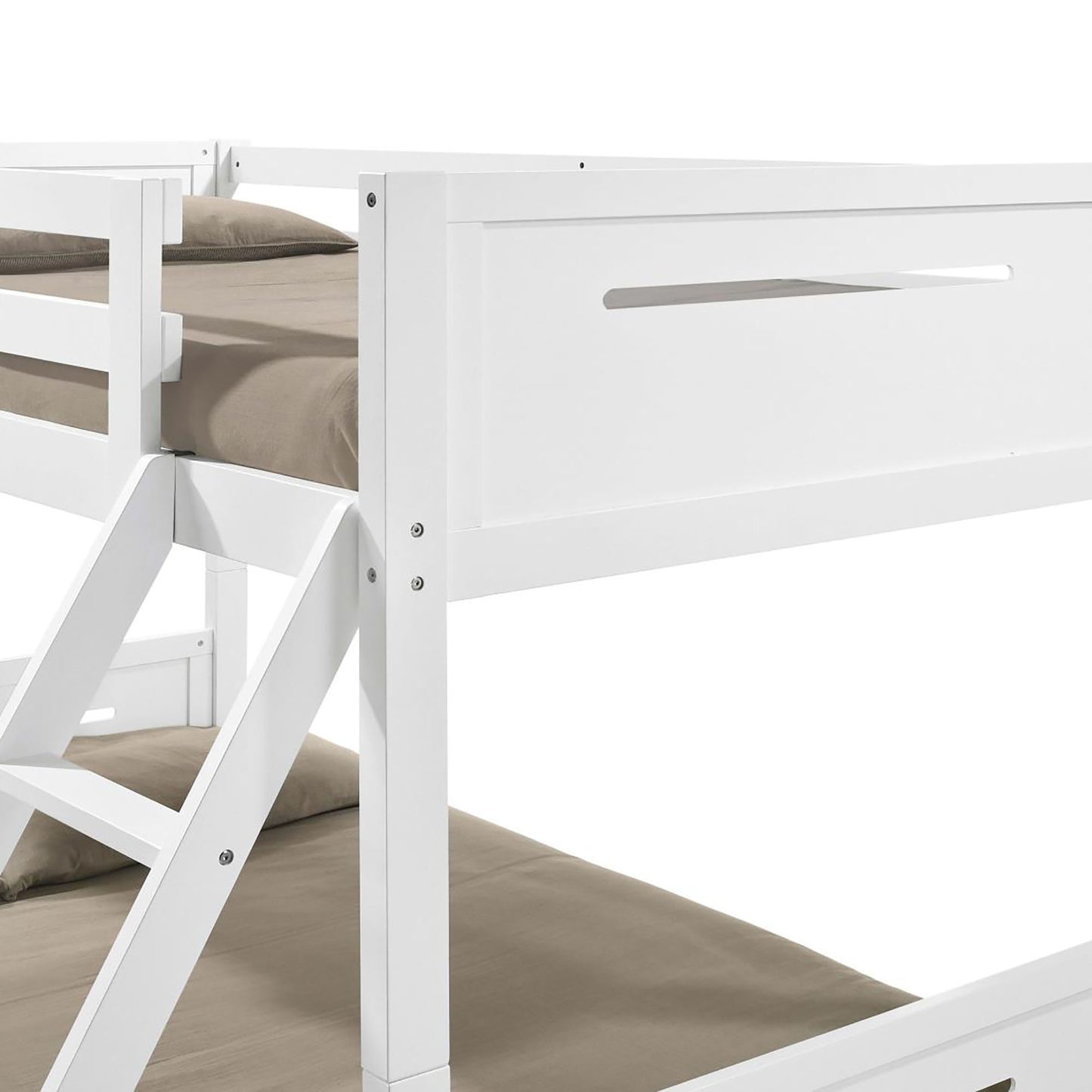 White wooden bunk bed with ladder and taupe bedding for childrens rooms