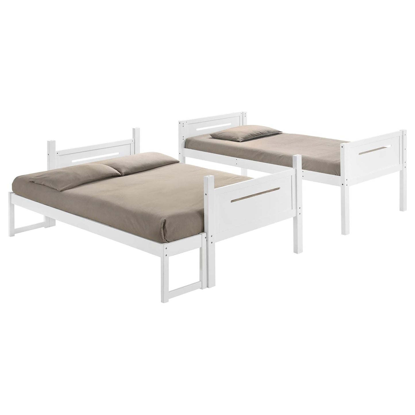 White wooden bunk beds with taupe bedding and pillows