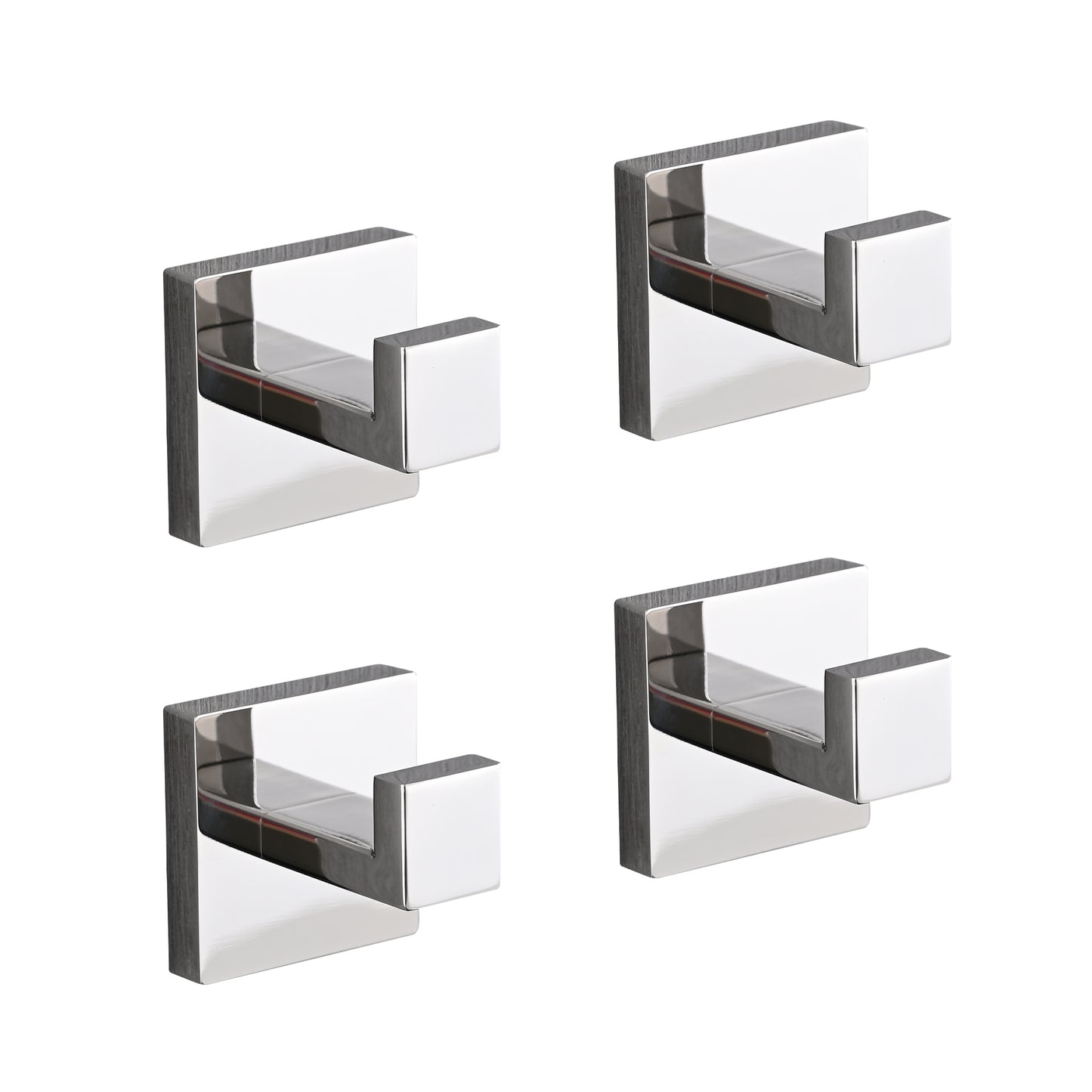 Four polished chrome modern wall hooks with square bases and rightangle hooks