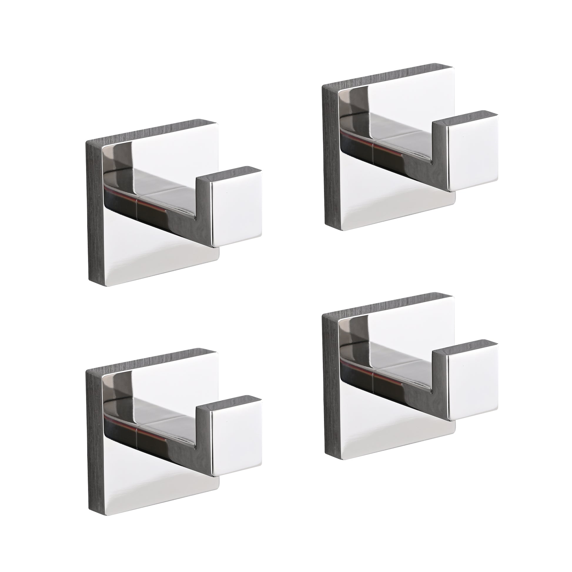 Four polished chrome modern wall hooks with square bases and rightangle hooks