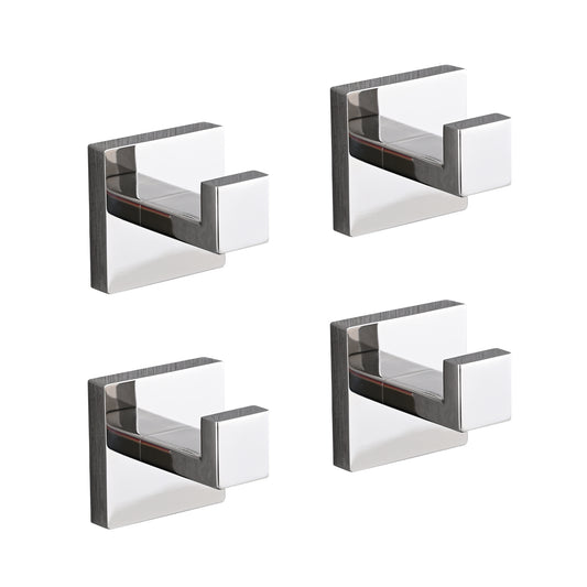 Four polished chrome modern wall hooks with square bases and rightangle hooks