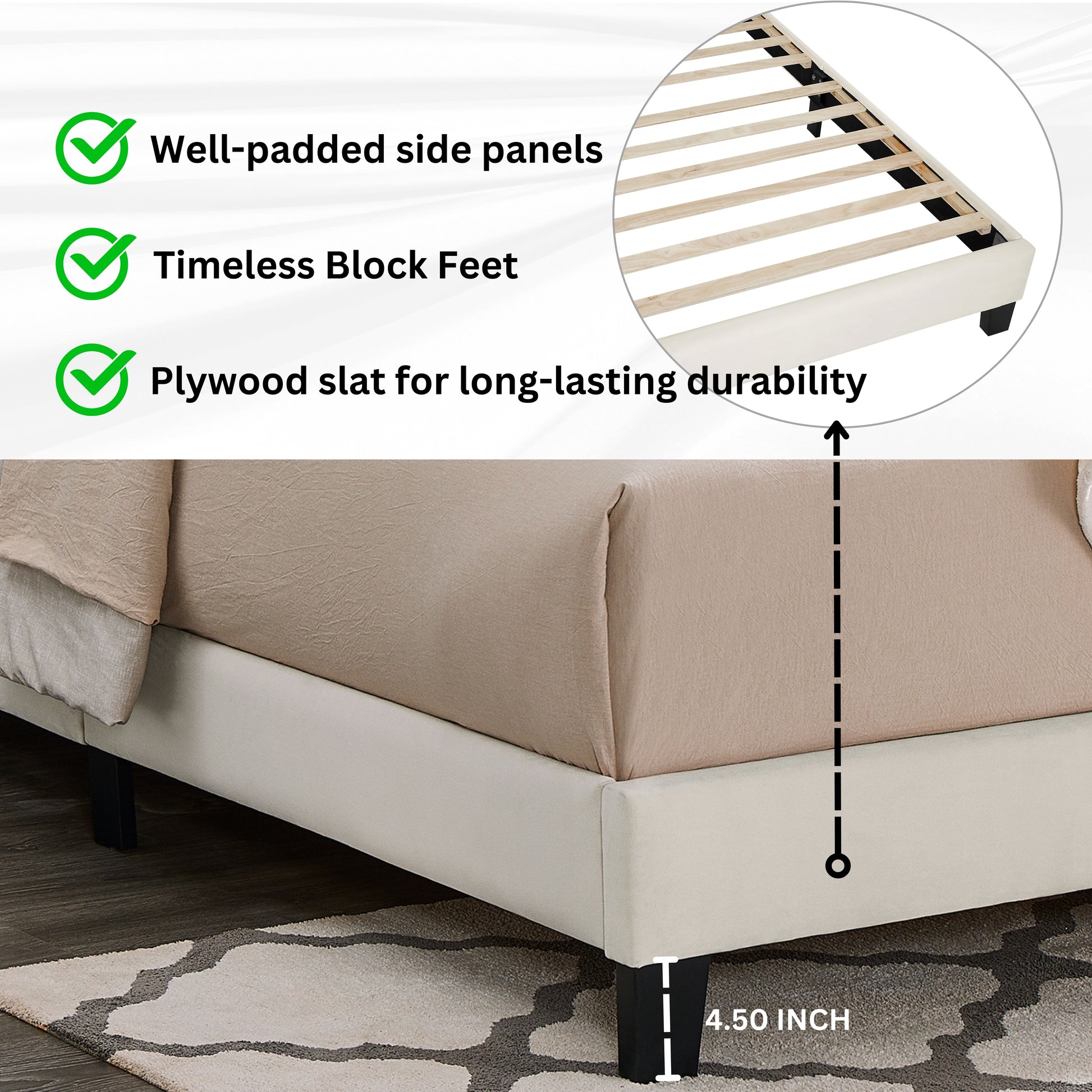 Cream upholstered bed frame with padded side panels and block feet