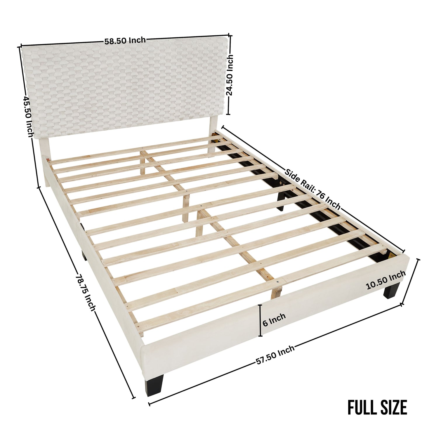 Full size white upholstered bed frame with textured headboard and wooden slats
