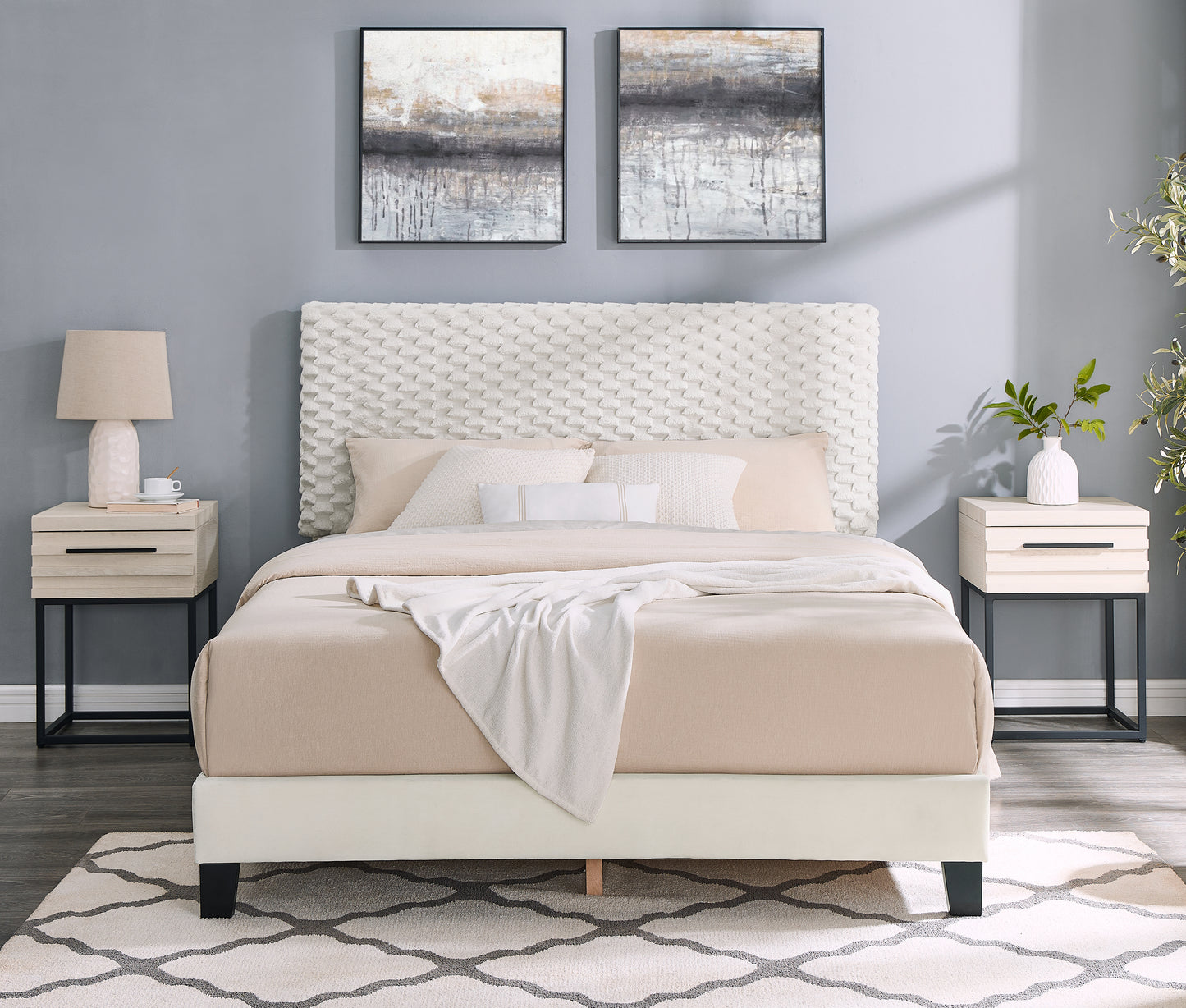 Plush white textured king headboard with diamond pattern