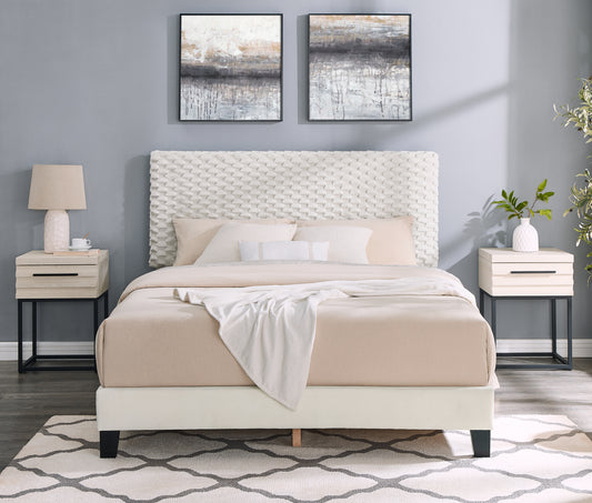 Plush white textured king headboard with diamond pattern