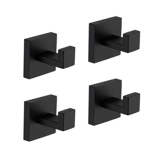 Four modern black square bathroom hooks perfect for towels