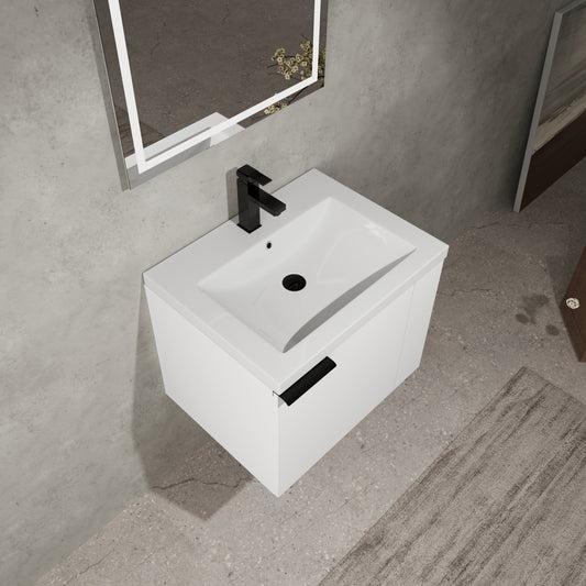 Modern white wallmounted vanity with a sleek black faucet and integrated sink perfect for bathrooms