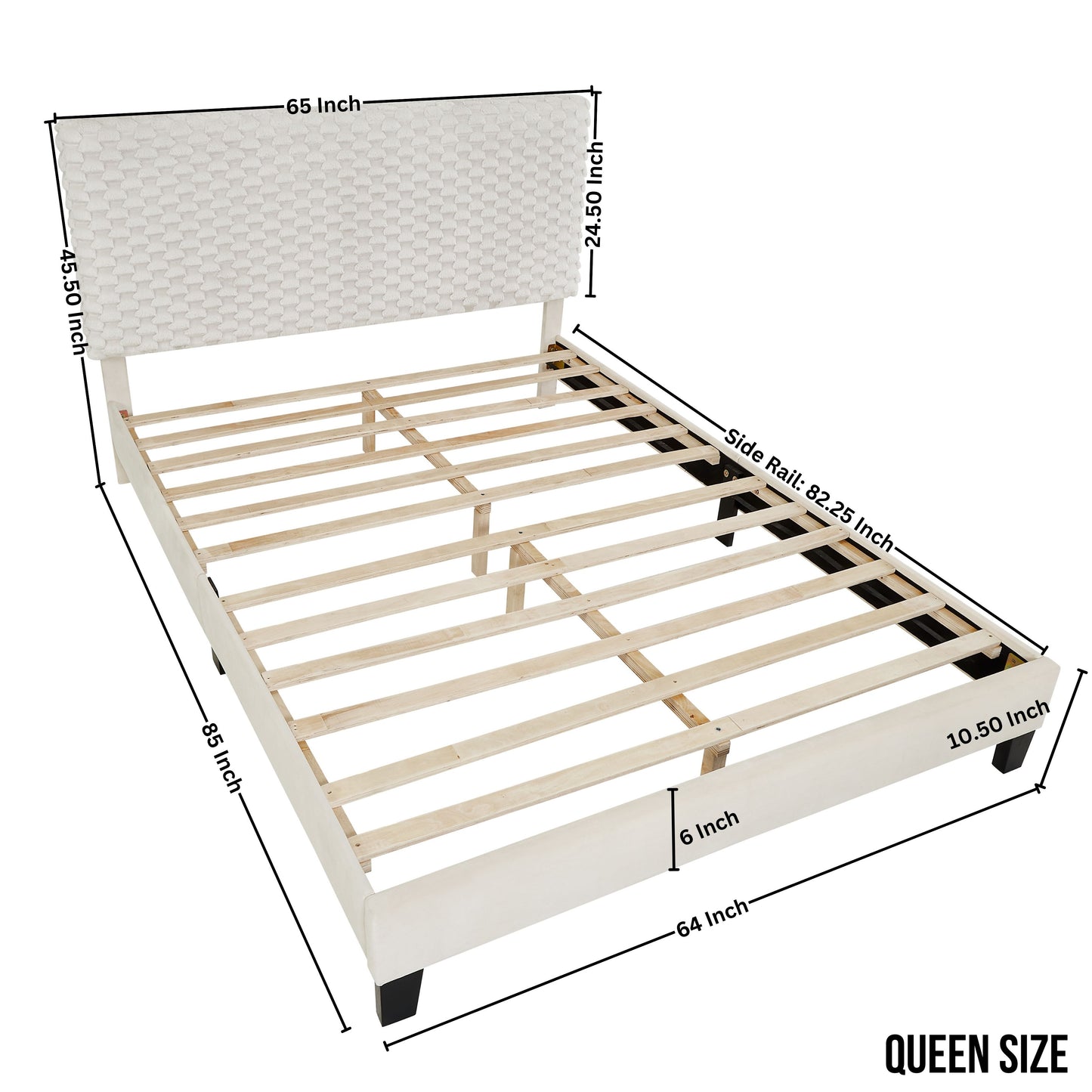 Queen size upholstered bed frame with a textured white headboard and wooden slats