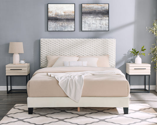 Textured white upholstered headboard bed with beige bedding and modern bedside tables