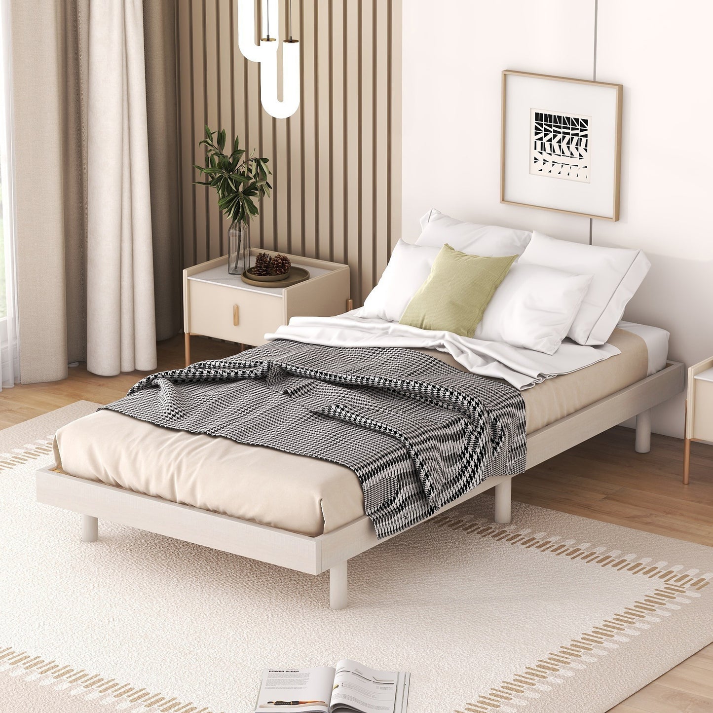 Low profile white wooden bed frame with houndstooth throw