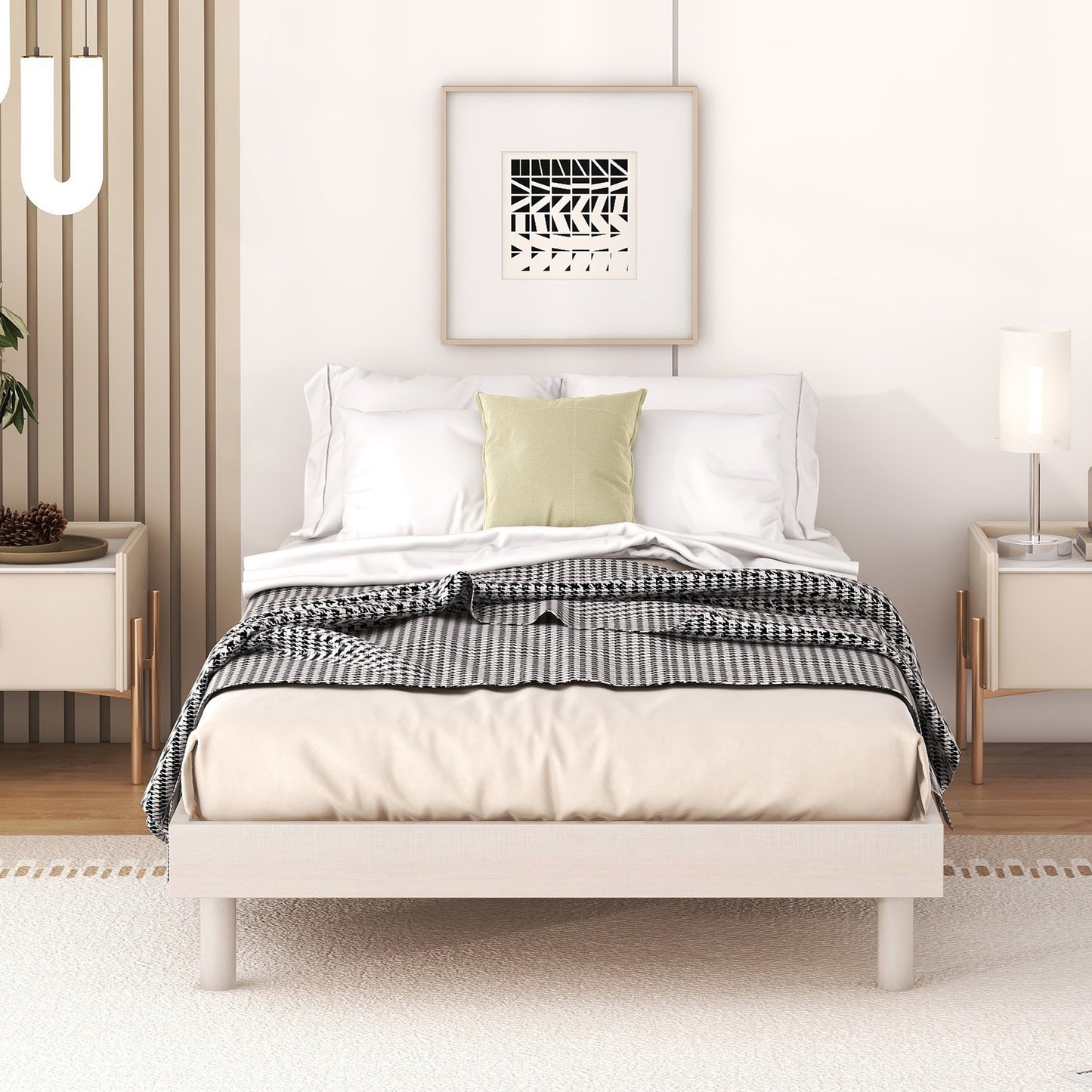 Modern white wooden bed frame with houndstooth blanket