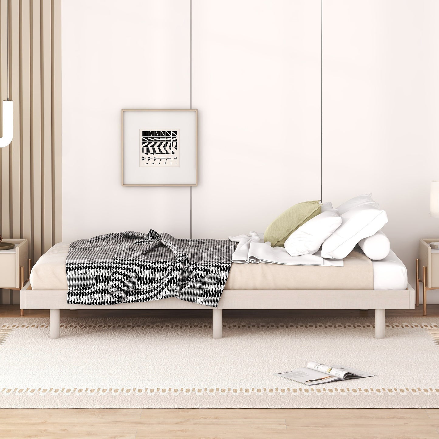 Modern platform bed frame in light wood with black and white houndstooth throw