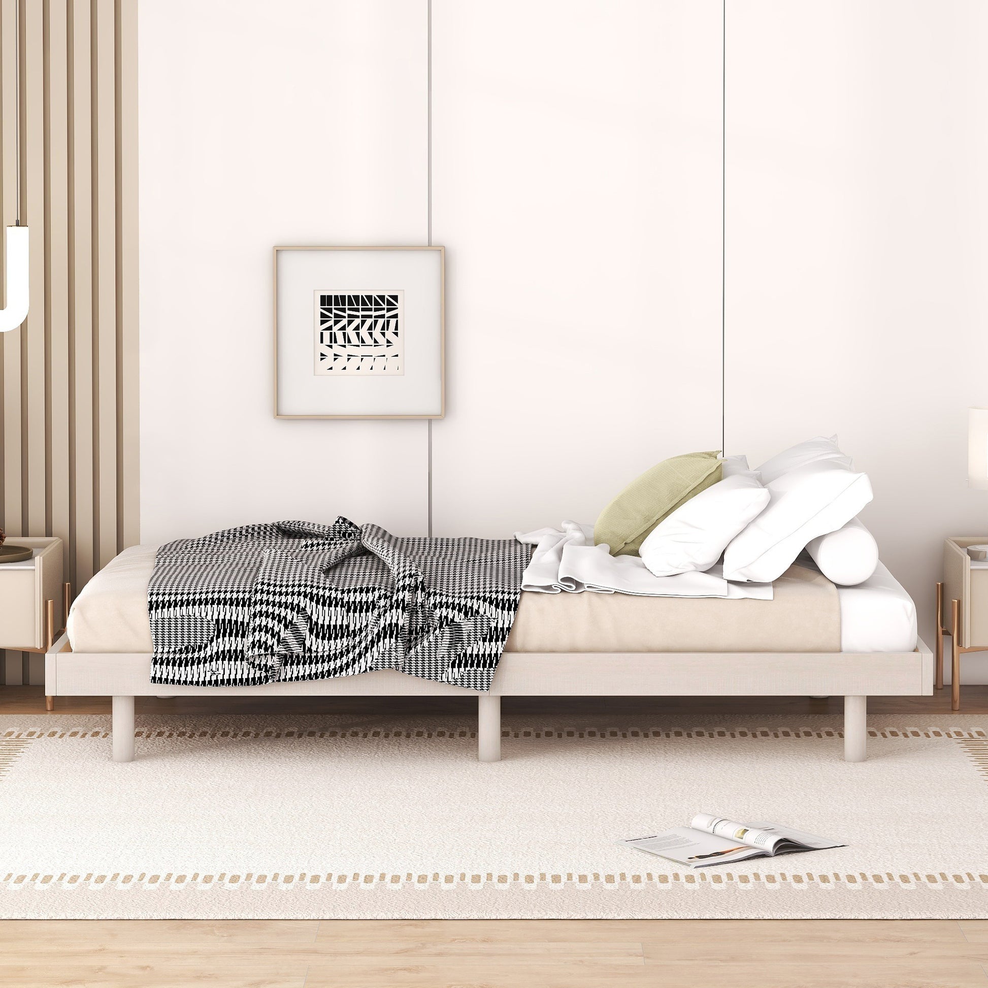 Modern platform bed frame in light wood with black and white houndstooth throw