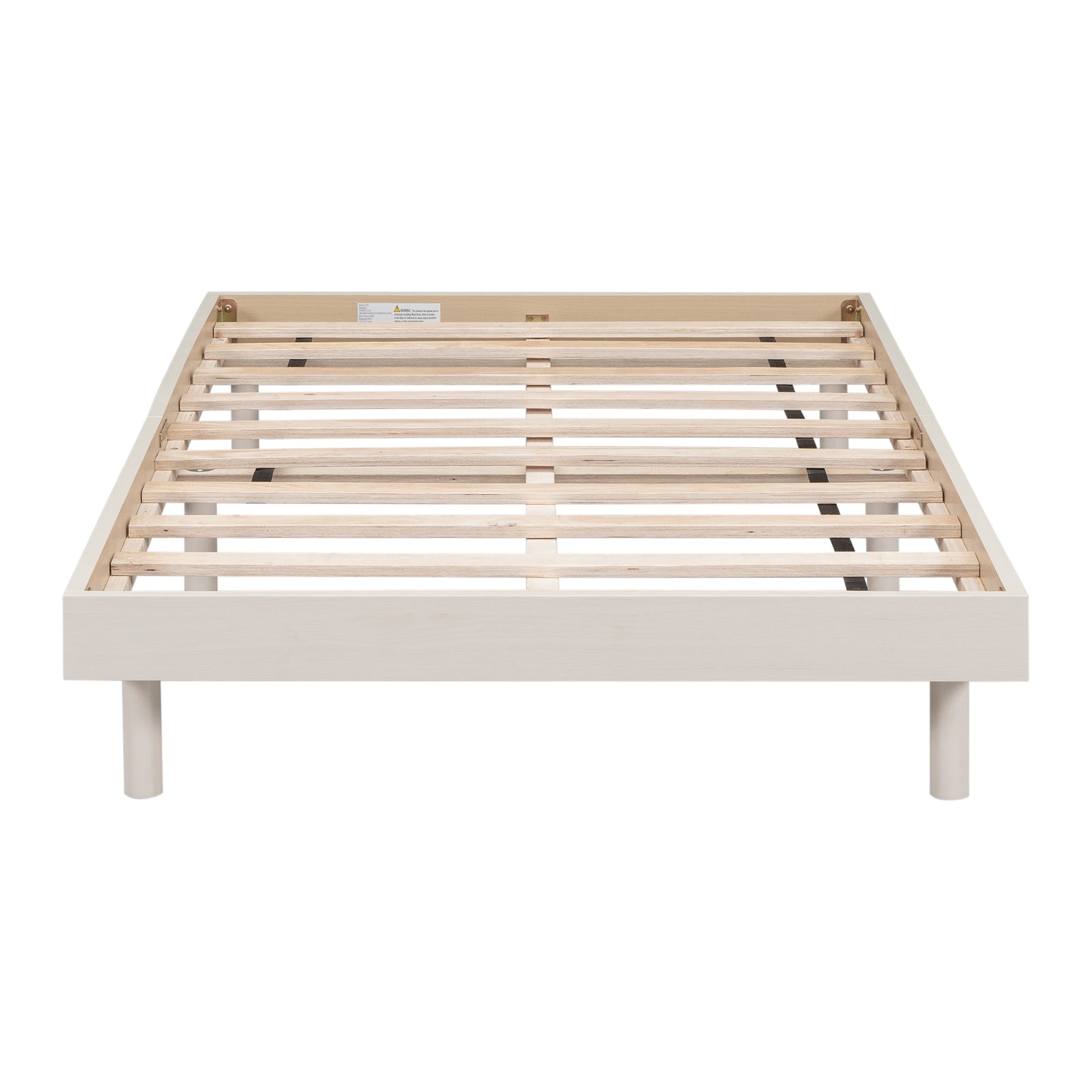 White wooden bed frame with slatted base and cylindrical legs