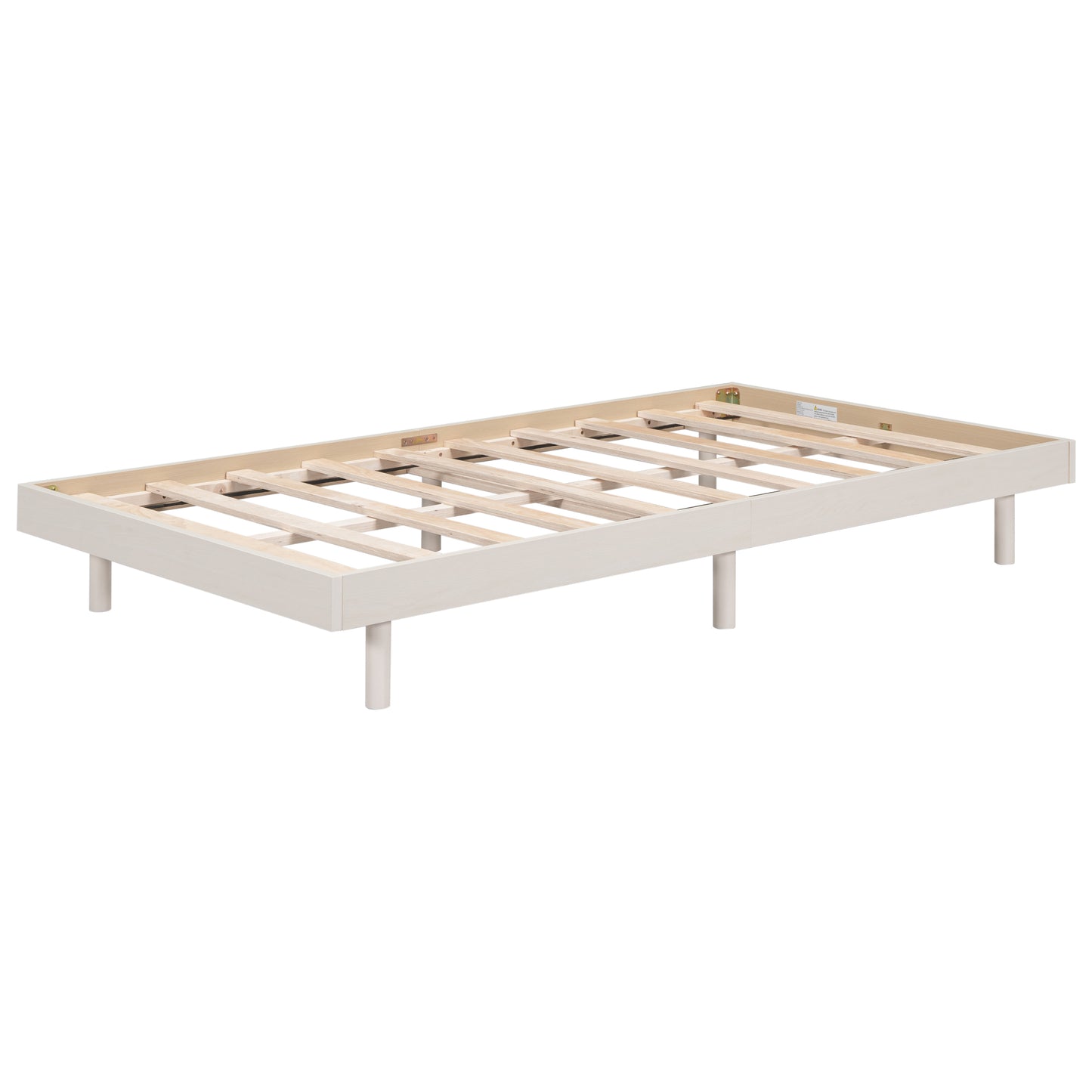 White wooden bed frame with supportive slats and four cylindrical legs for mattress support