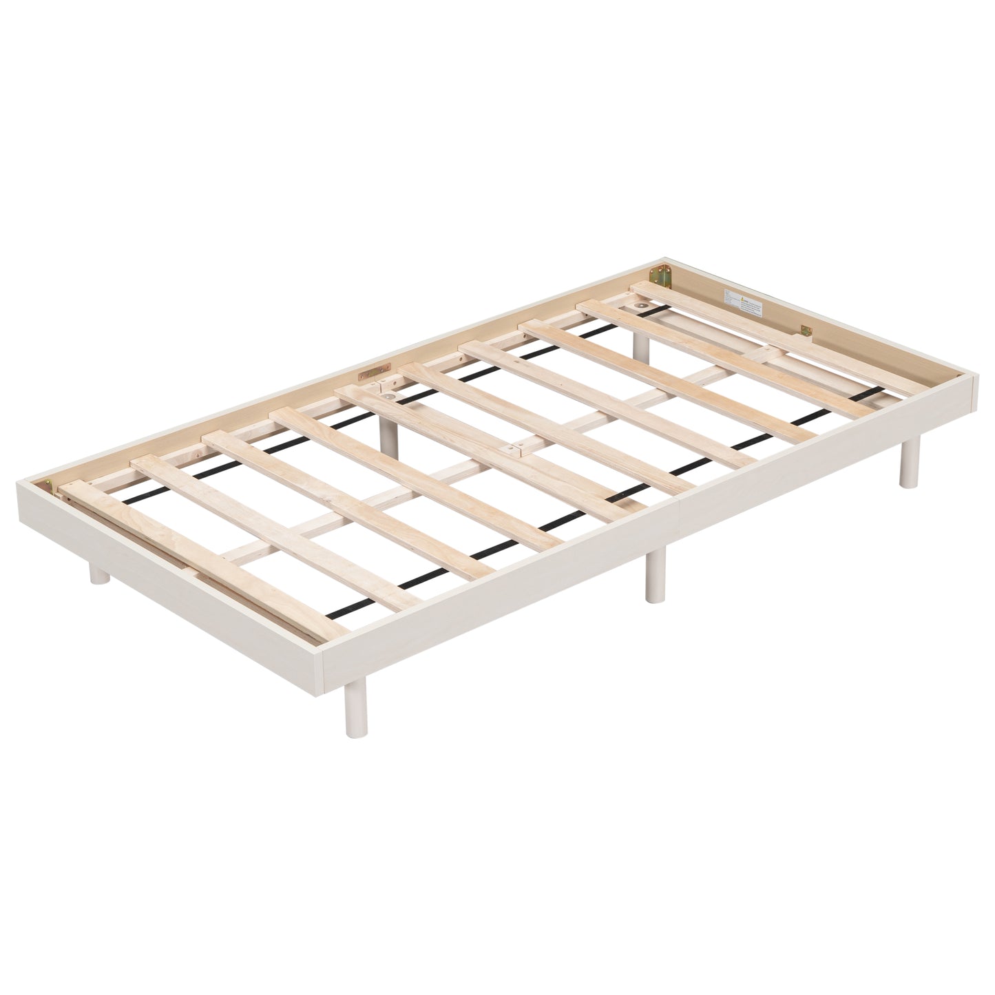 White wooden slat bed frame with modern legs
