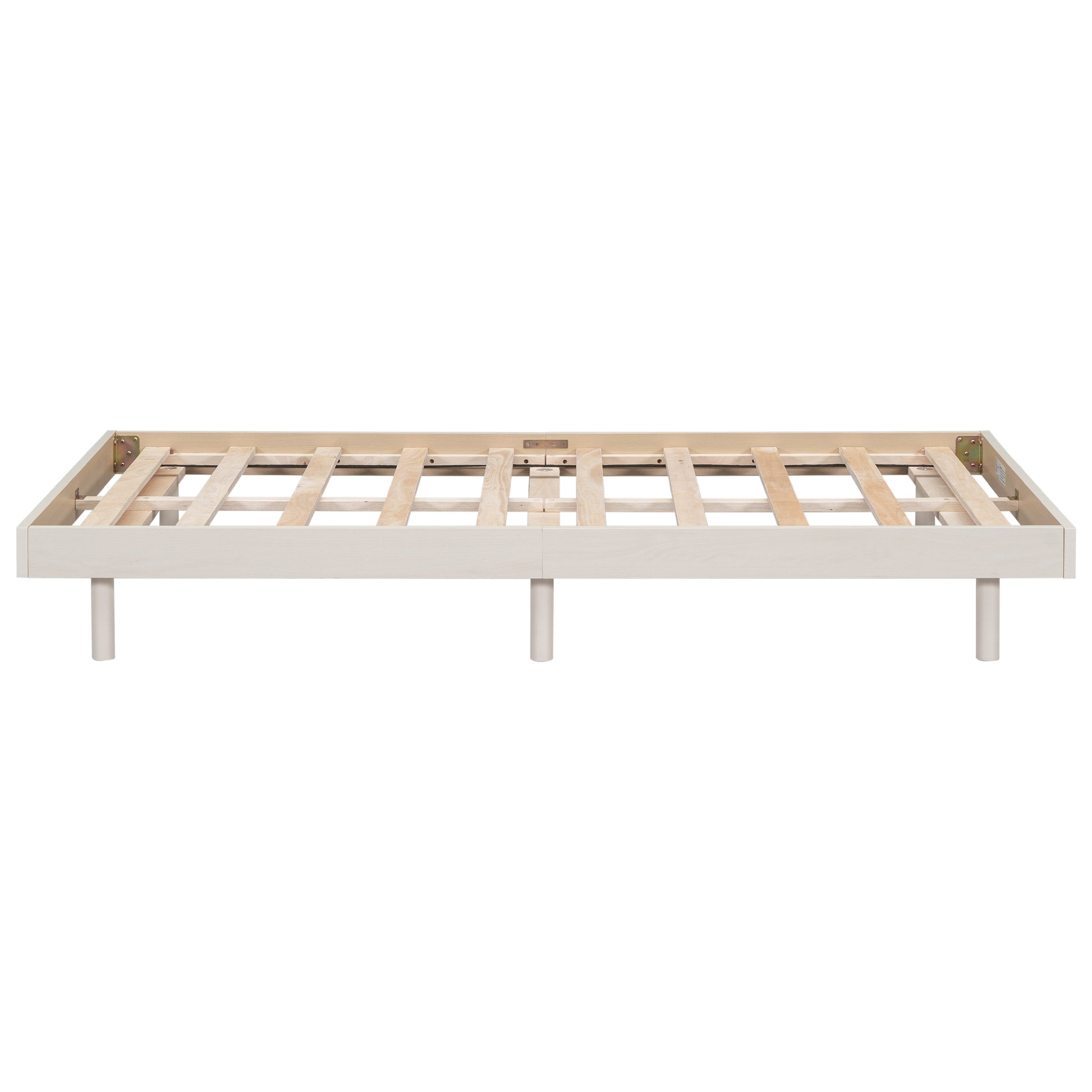 White wooden bed frame with slatted base and four cylindrical legs