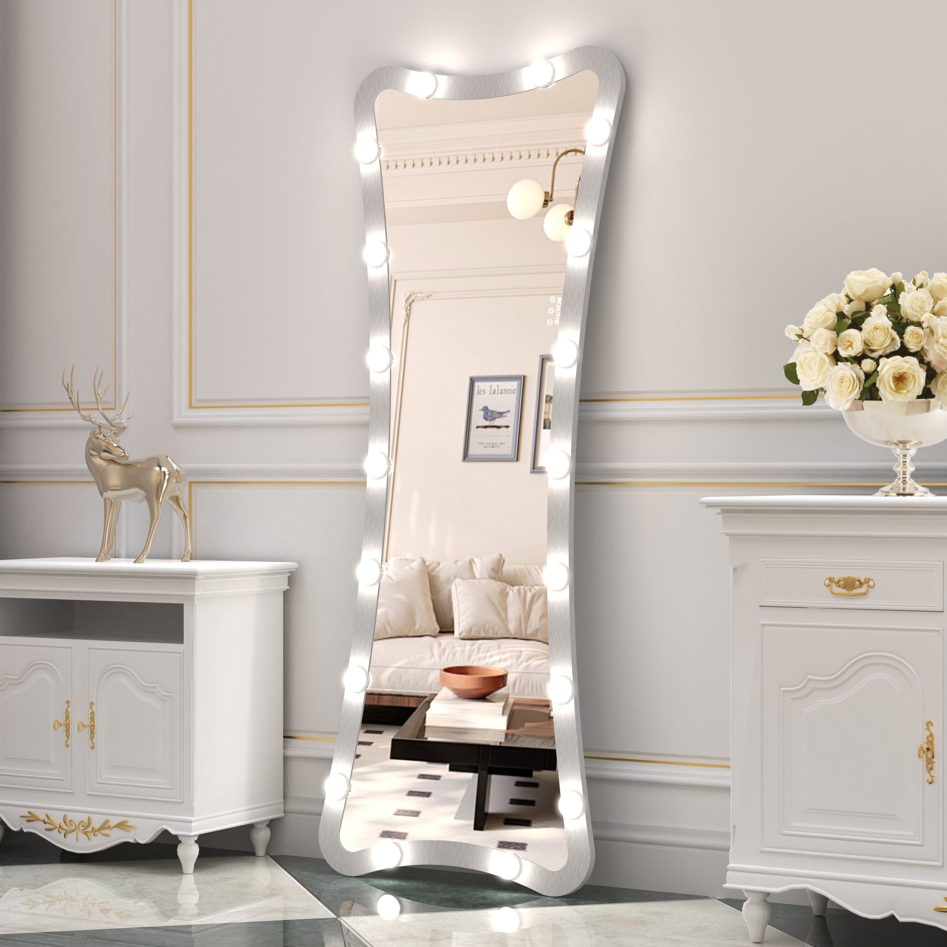 Fulllength standing vanity mirror with LED lights and silver frame