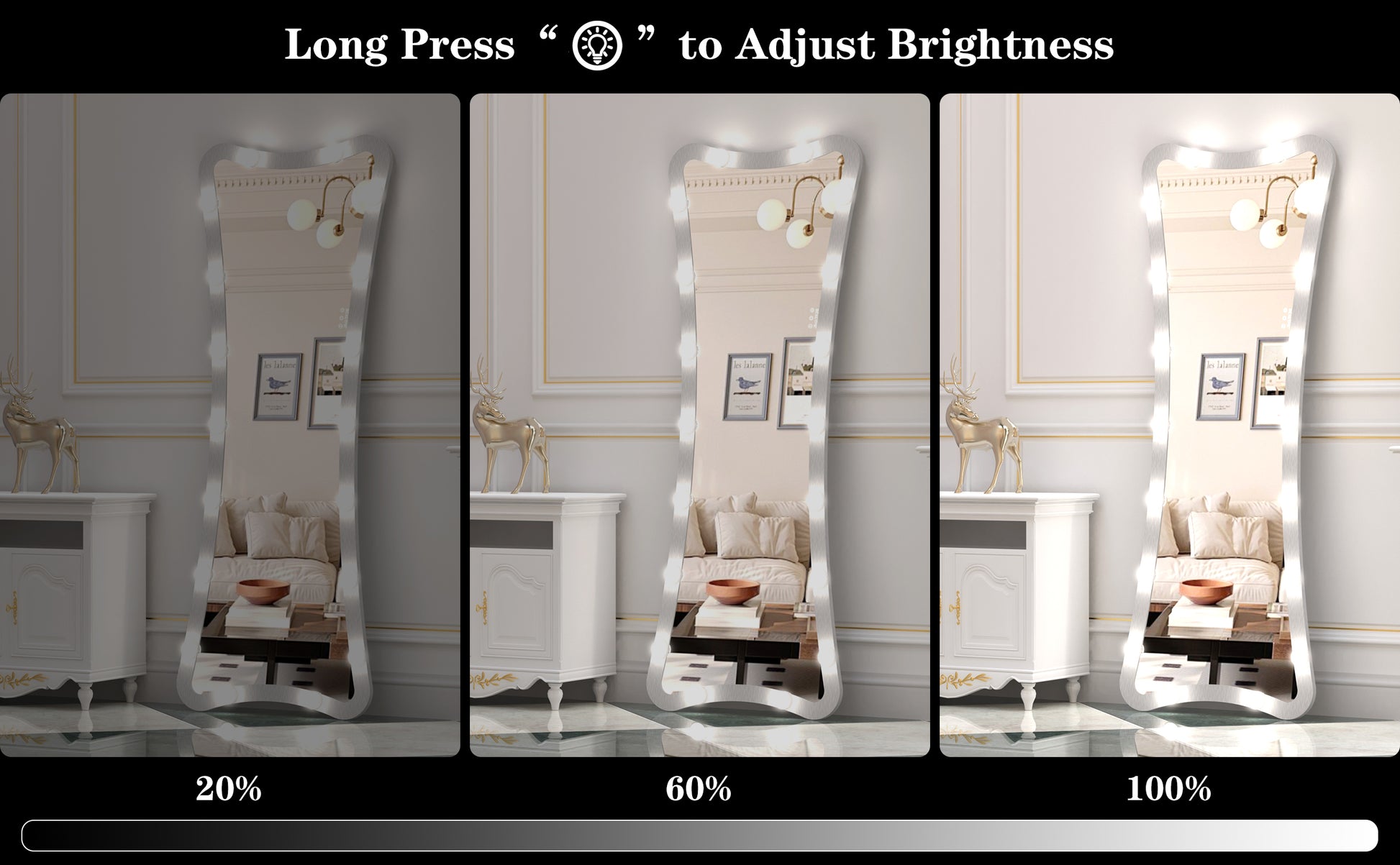 Fulllength lighted vanity mirror with adjustable brightness for makeup application
