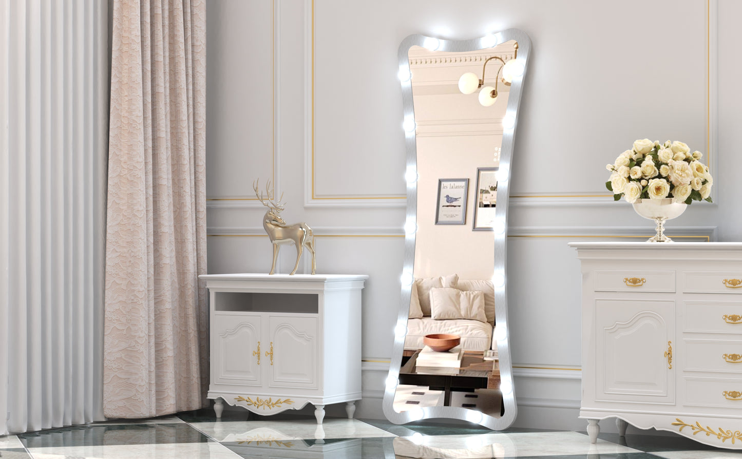Fulllength vanity mirror with lights and silver frame