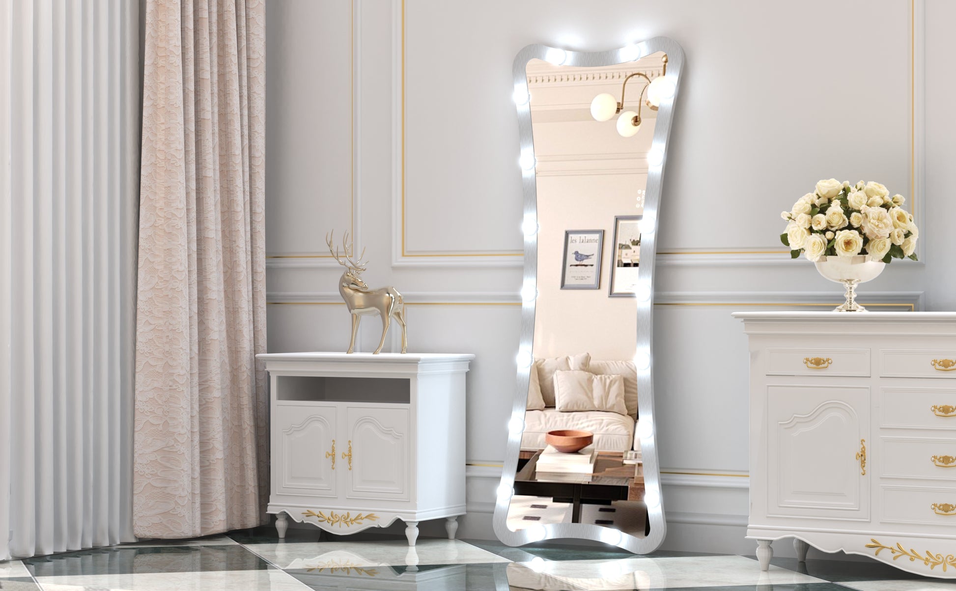 Fulllength vanity mirror with lights and silver frame