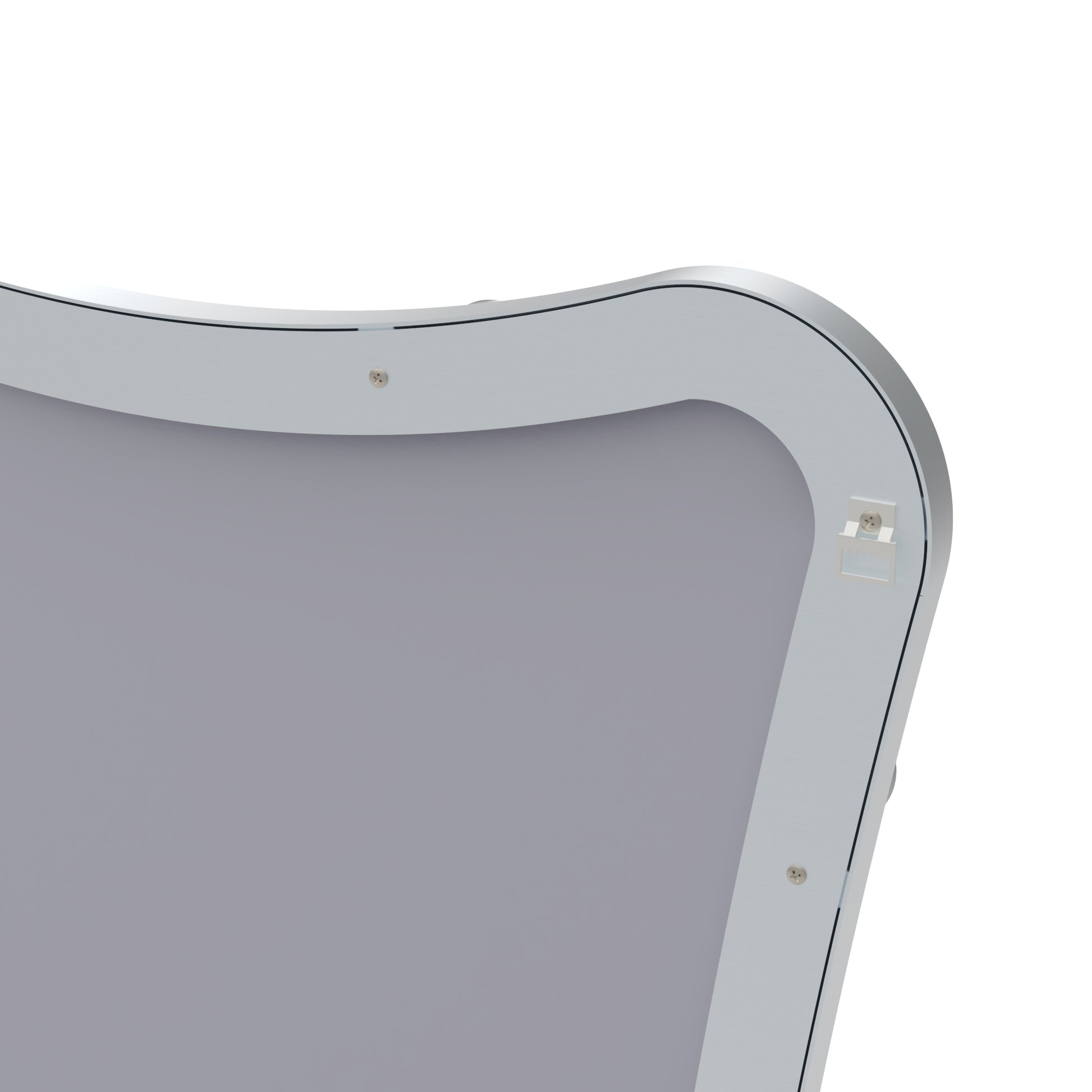 Closeup of a brushed silver metal frame with subtle curves and visible mounting screws