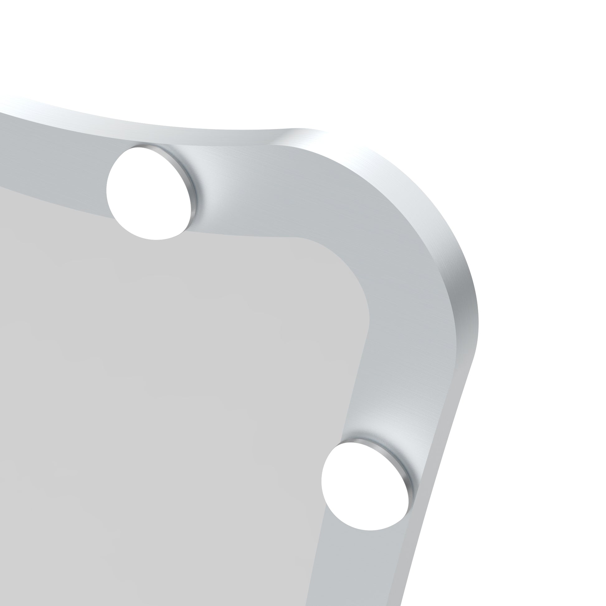 Brushed aluminum frame with rounded corners and two white circular mounting points