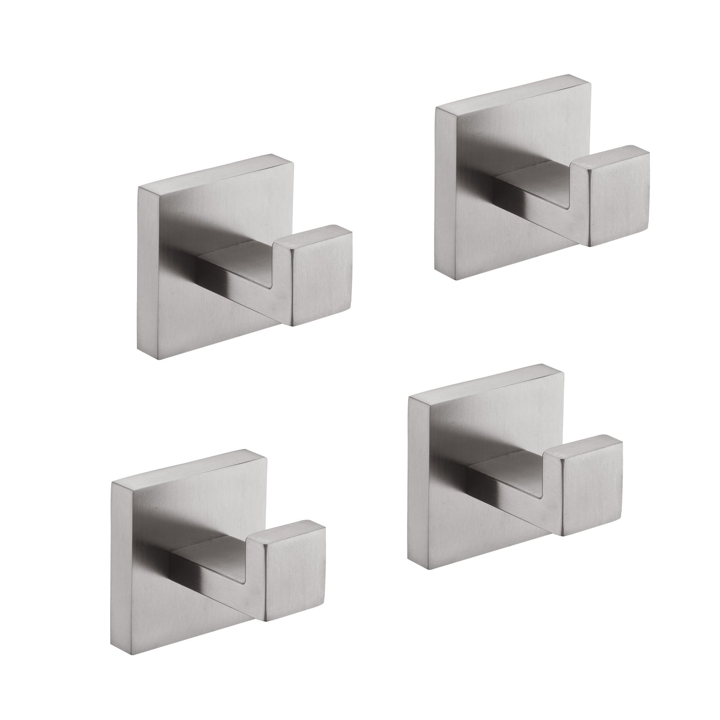 Set of four brushed nickel modern square wall hooks for bathrooms